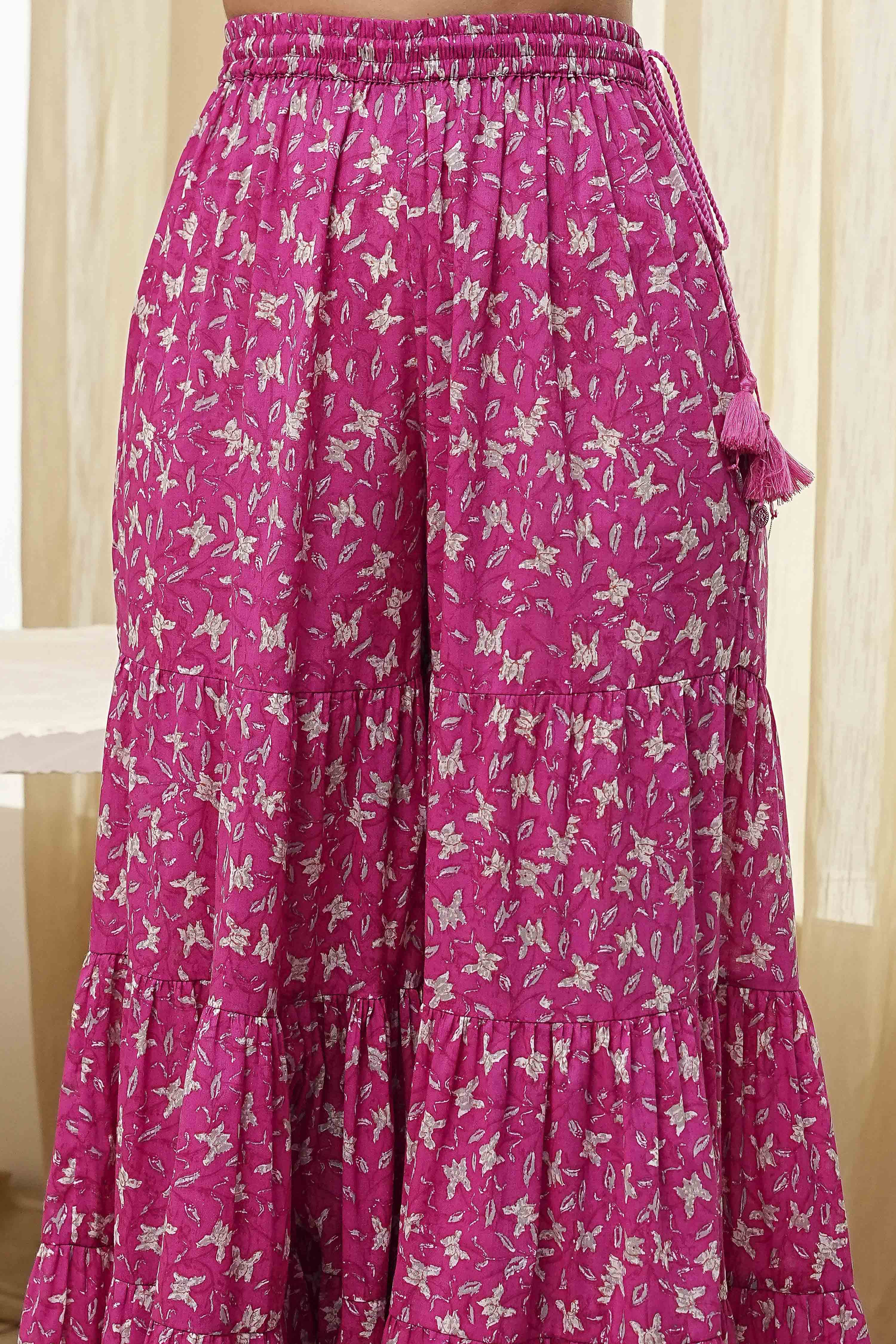 White and Blue Cotton Floral Flared Suit Set image number 2