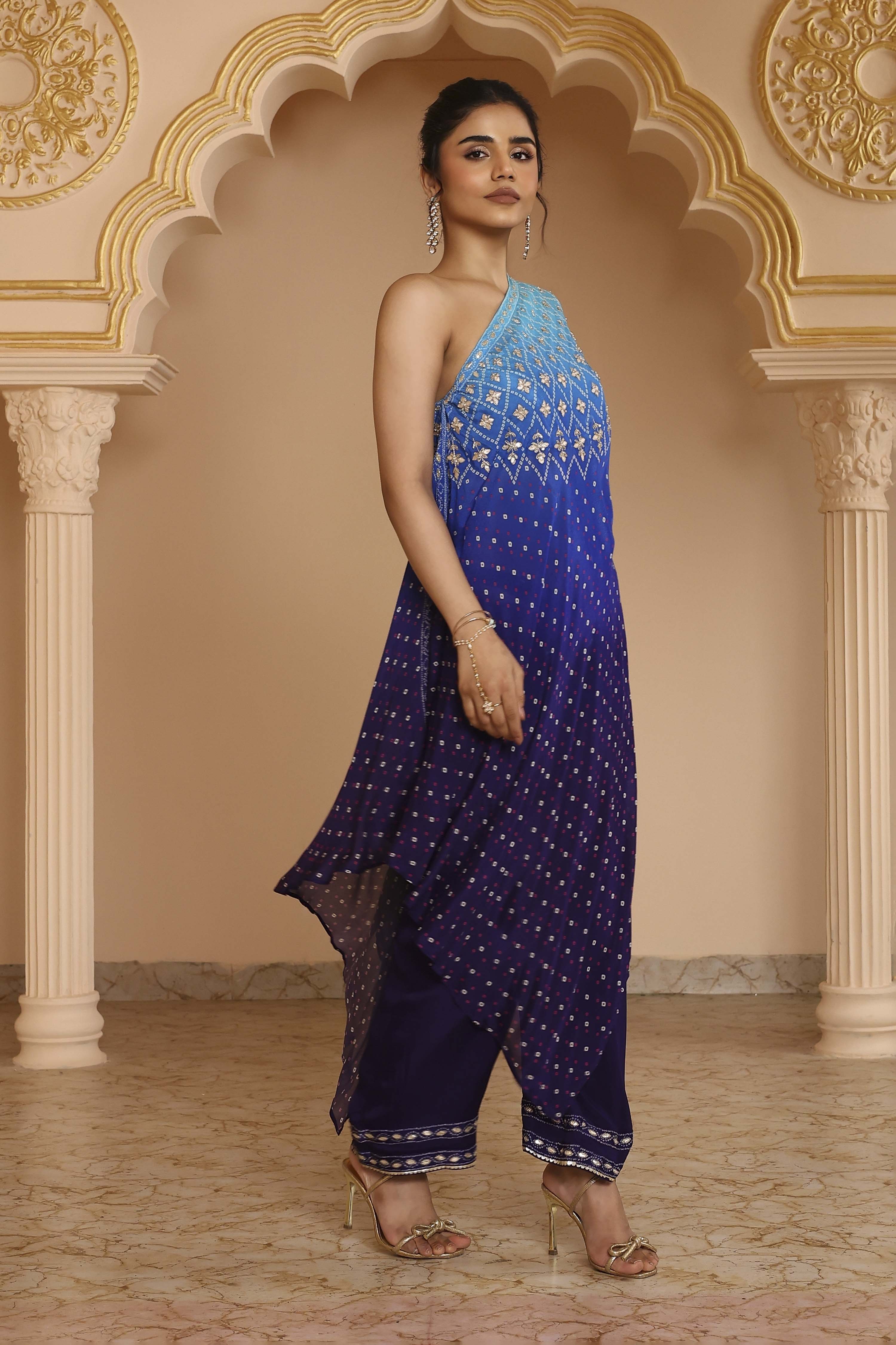 Blue Ombre Pure Chinnon Printed One Shoulder Kurta Set image number 5