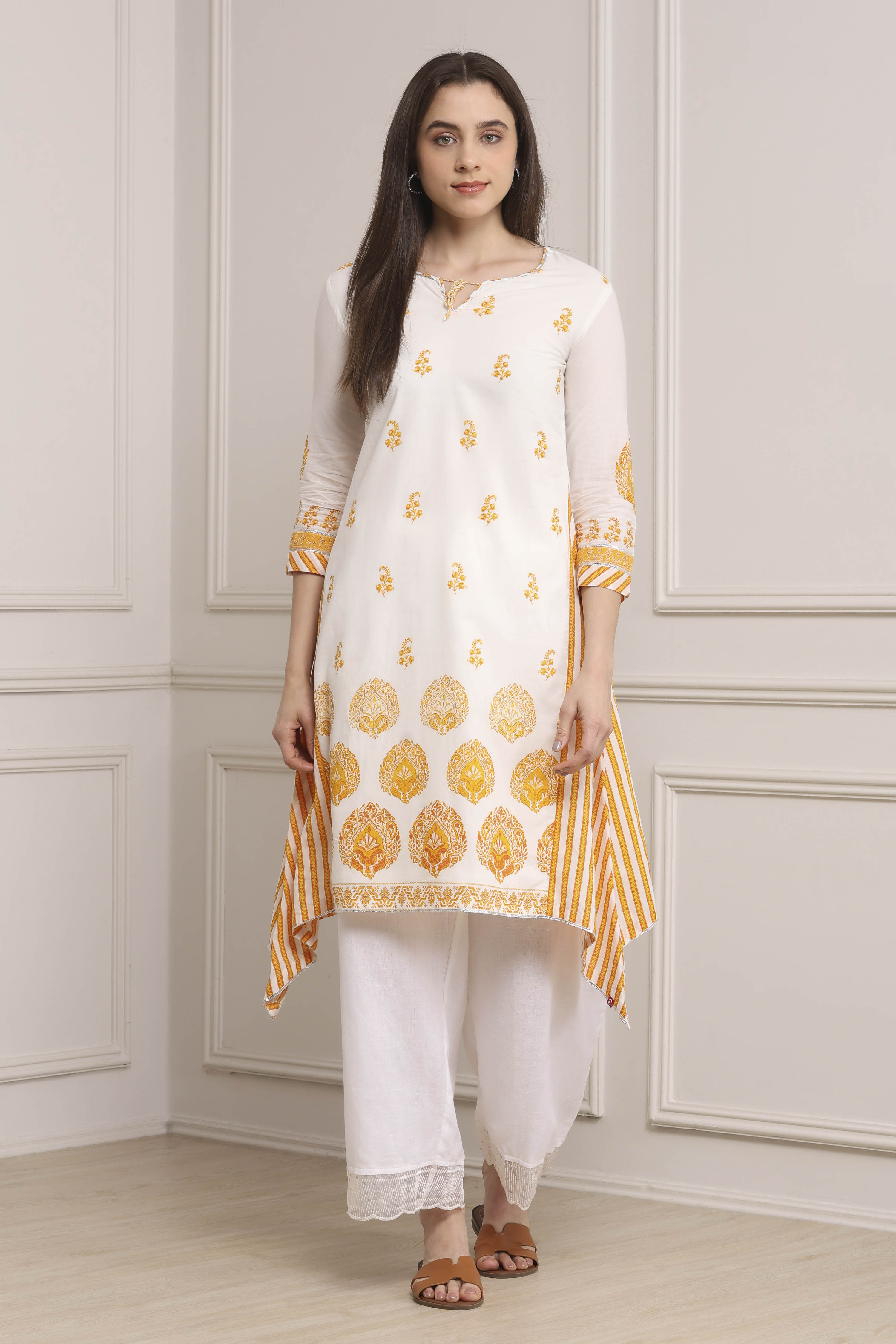 White-Yellow Cotton A-Line Kurta Pants Set image number 0