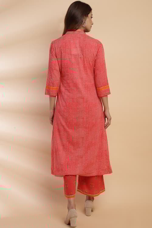 Teal Cotton A-Line Kurta Palazzo Suit Set image number 4
