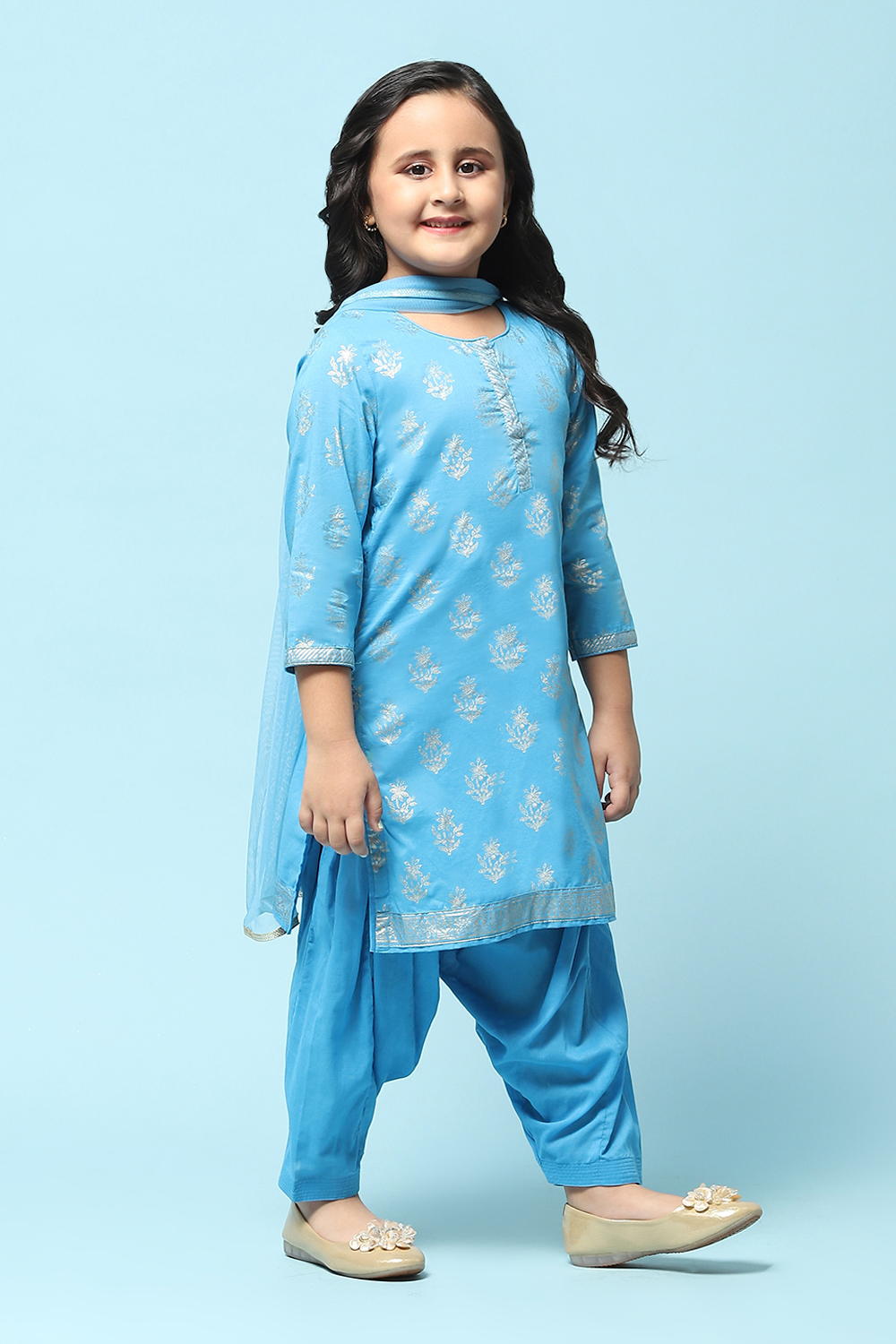 Turquoise Cotton Straight Printed Kurta Patiala Salwar Suit Set image number 6