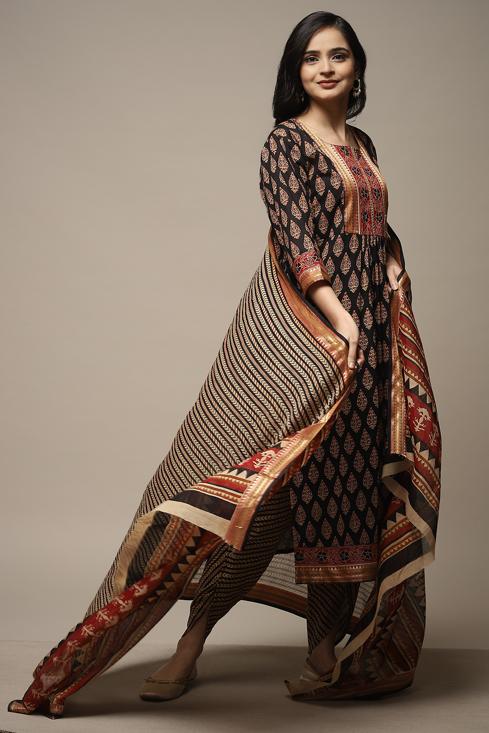 Black Cotton Hand Block Print Unstitched Suit Set image number 1