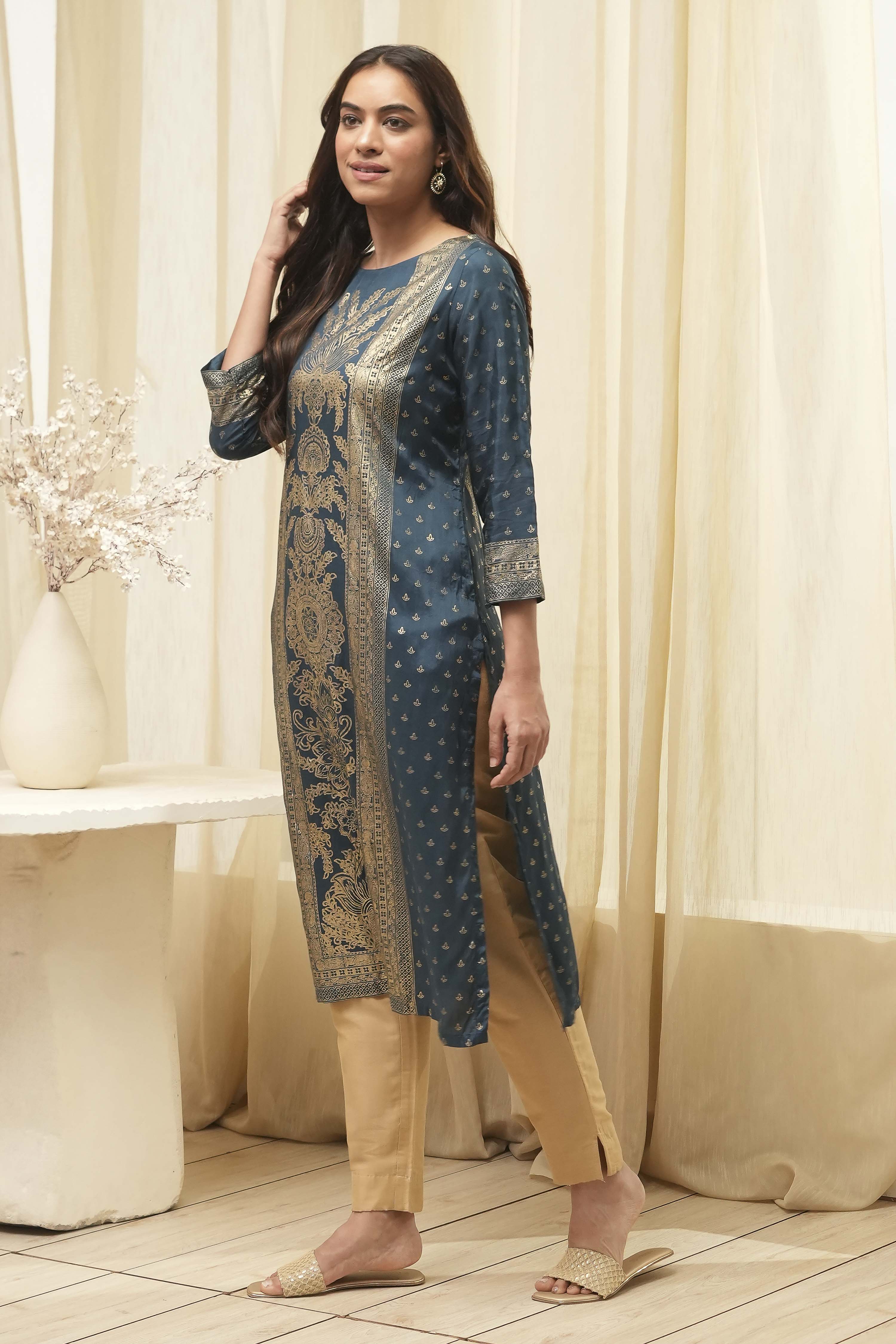 Indigo Rayon A-Line Printed Kurta image number 2