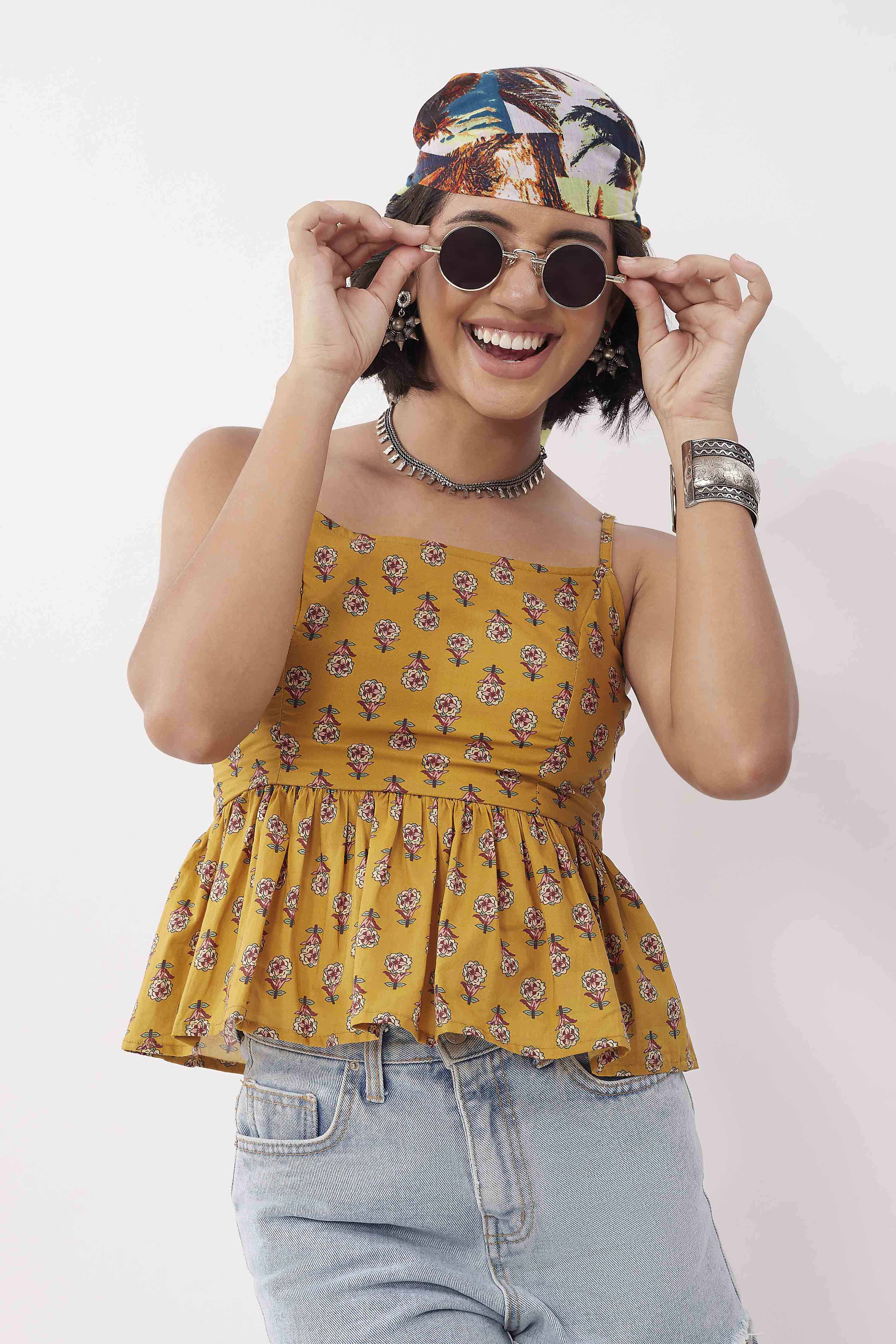 Mustard Cotton Floral Tie-Up Back Top image number 5