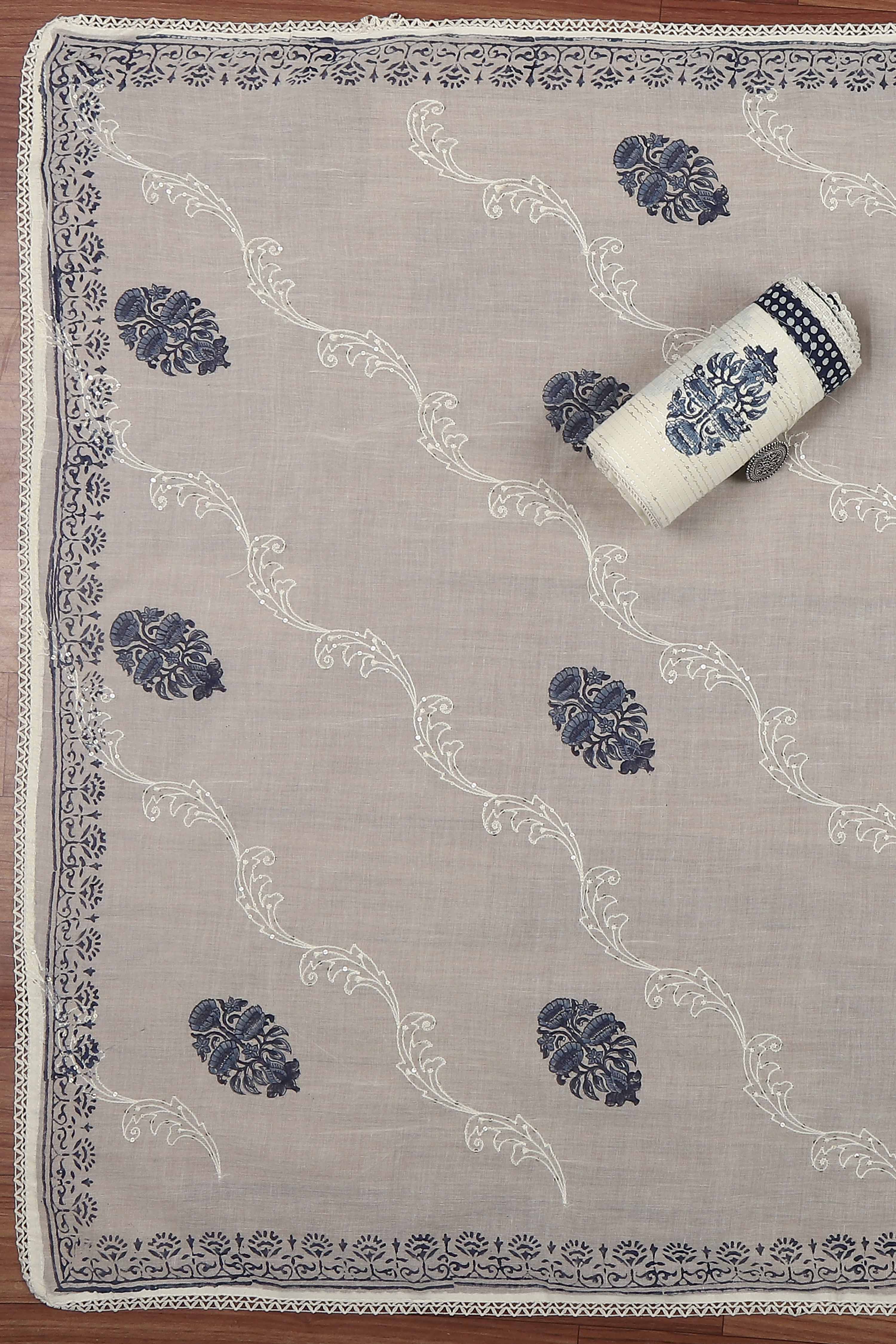 Indigo Cotton Printed Embroidered Unstitched Suit Set image number 3