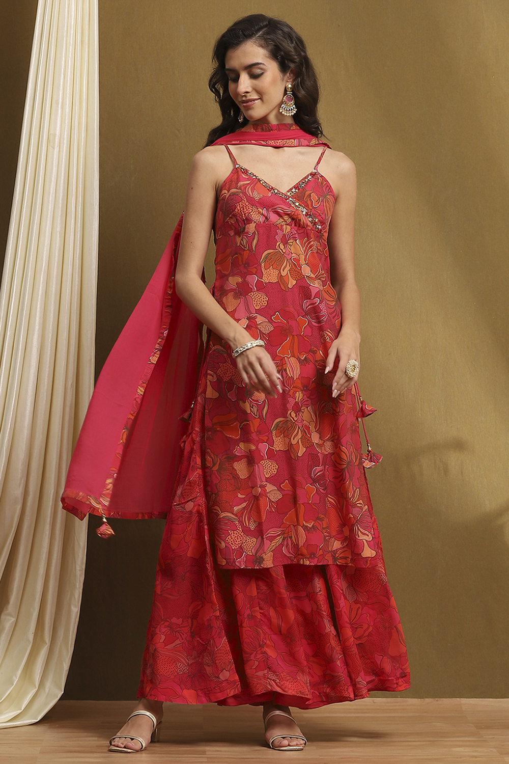 Rust Floral Printed Straight Suit Set image number 0