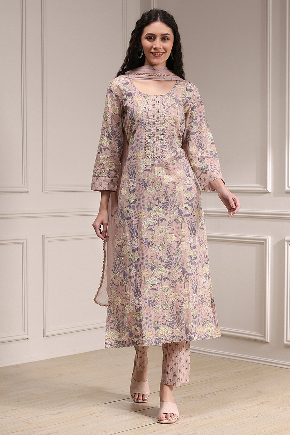 Purple Cotton Printed Embroidered Unstitched Suit Set image number 2