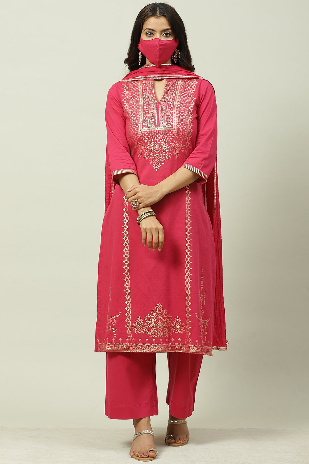 Mustard Printed Cotton Straight Kurta Palazzo Suit Set image number 0
