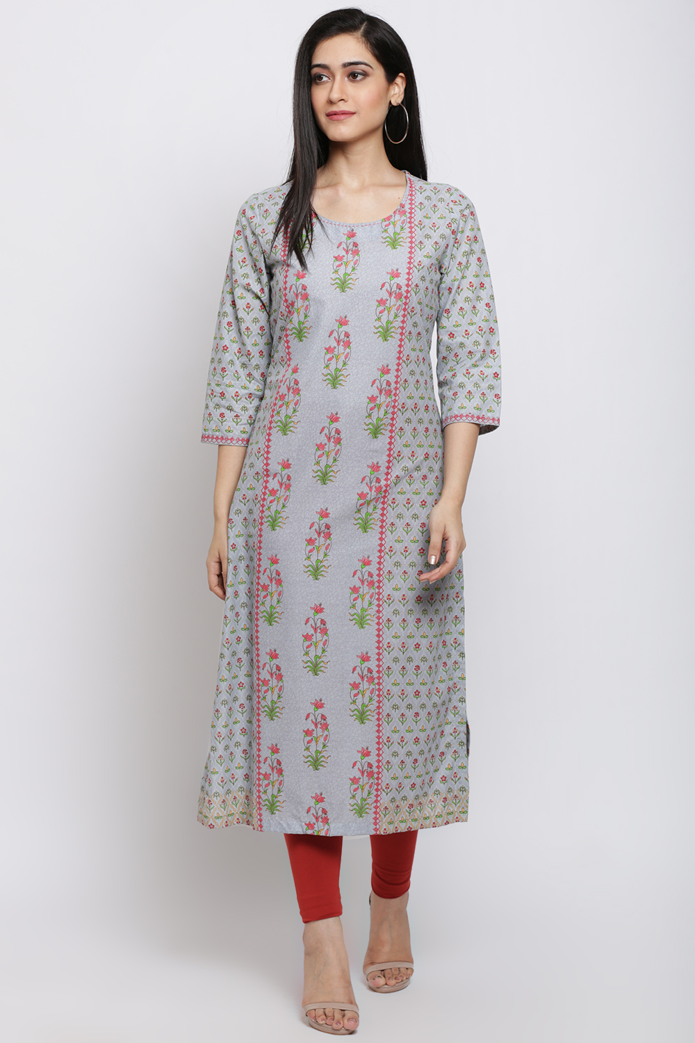 Grey Cotton Straight Printed Kurta image number 0