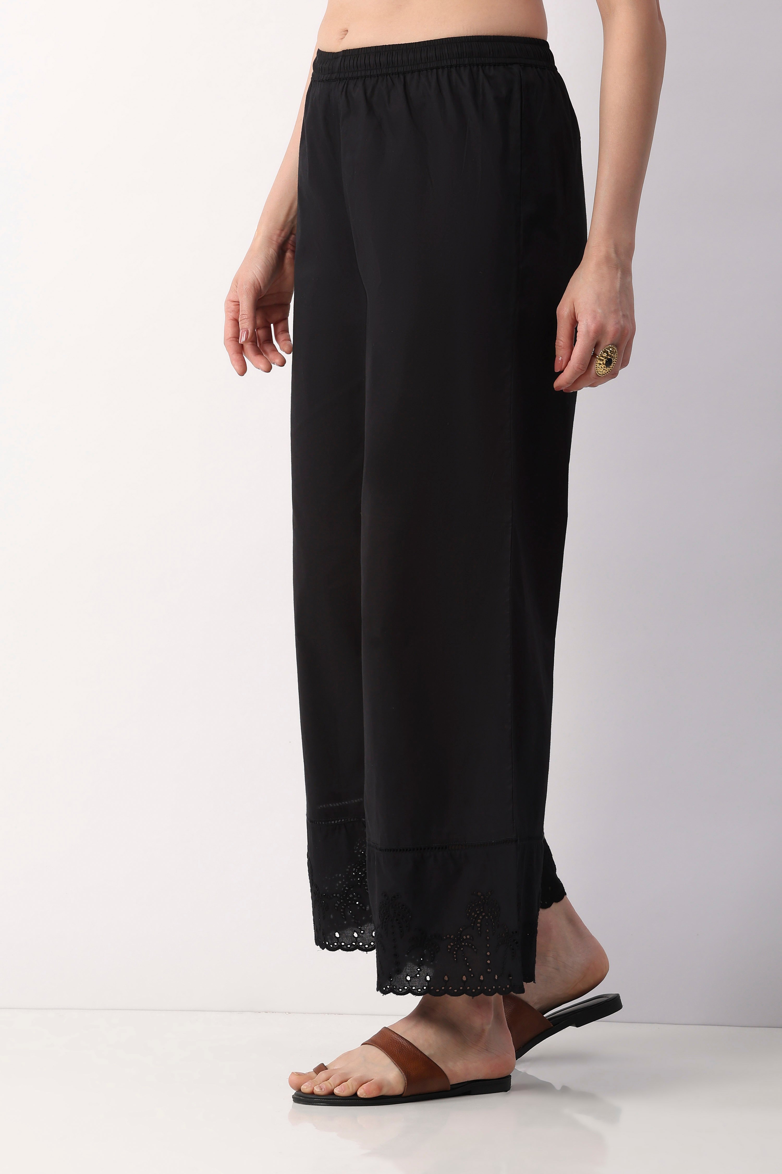 Black Cotton Flared Dyed Palazzos image number 4