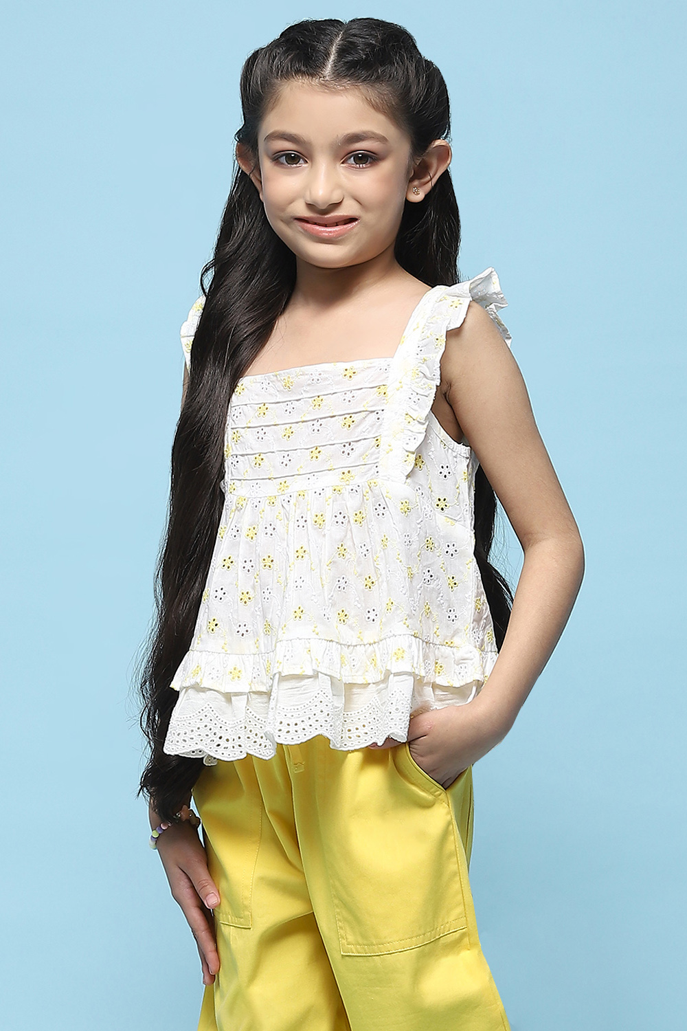 White Schiffli Sleeveless Cotton Embroidered Top  image number 2