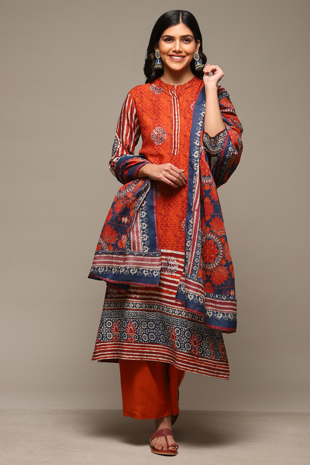 Rust & Indigo Rayon Straight Kurta Palazzo Suit Set image number 7