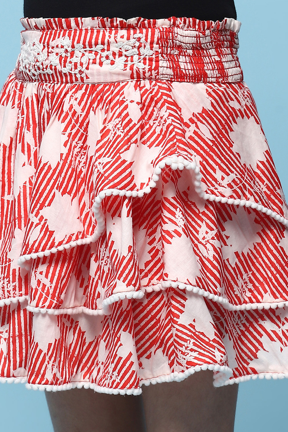 Red Printed Cambric Layered Skirt With Embroidered Waist image number 1