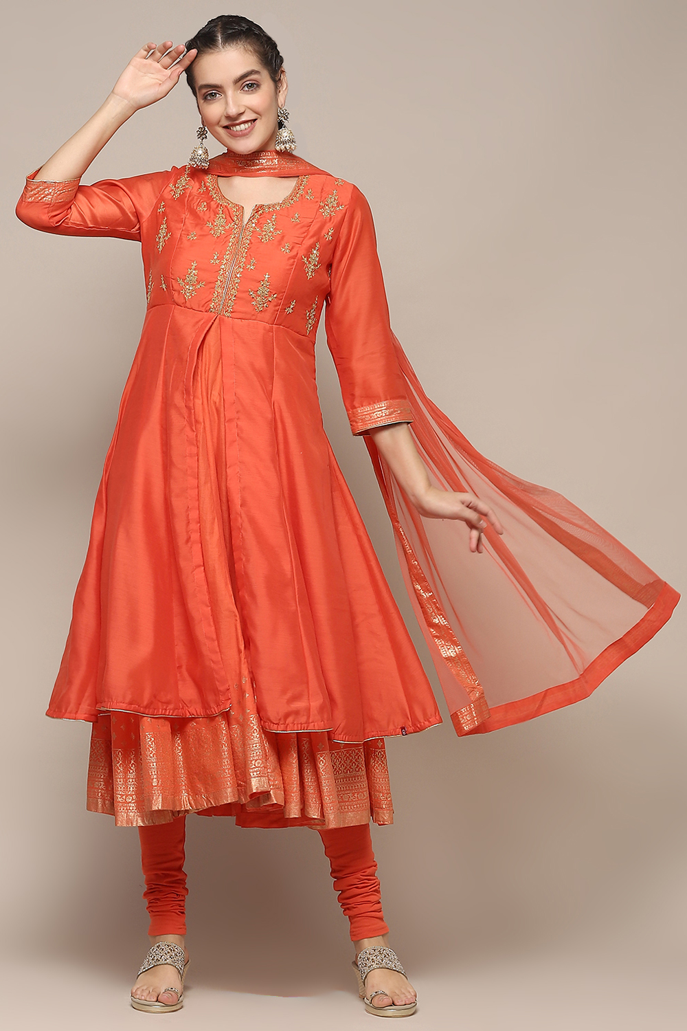 Red Nylon Anarkali Kurta Churidar Suit Set image number 0