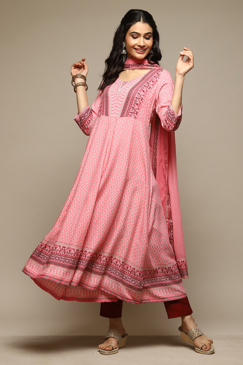 Pink Rayon Anarkali Kurta Churidar Suit Set image number 0
