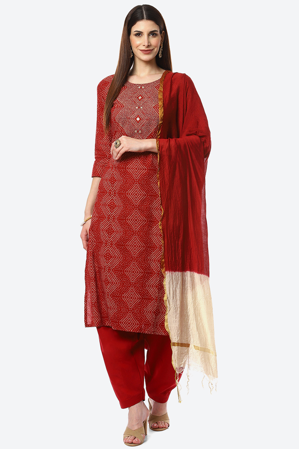 Red Cotton Unstitched Suit Set image number 0