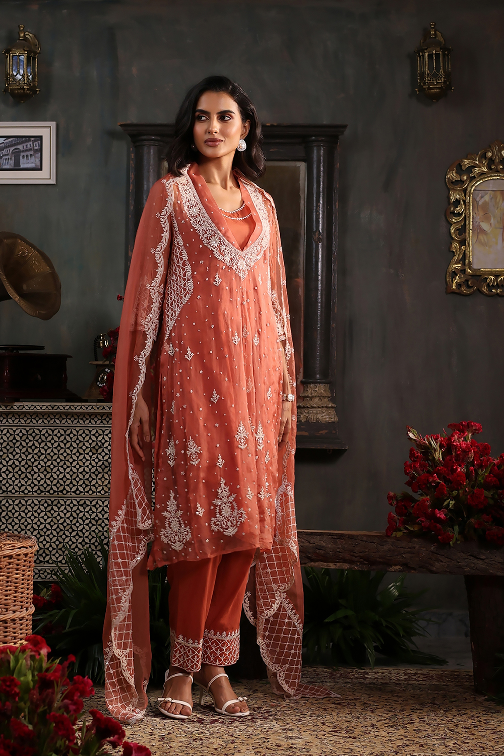 Burnt Orange Embroidered Organza Kalidar Suit Set image number 7