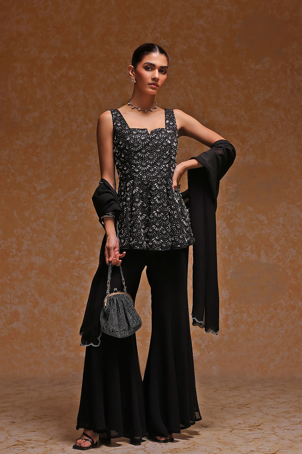 Black Heavy Beaded Embroidered Peplum Suit Set image number 5