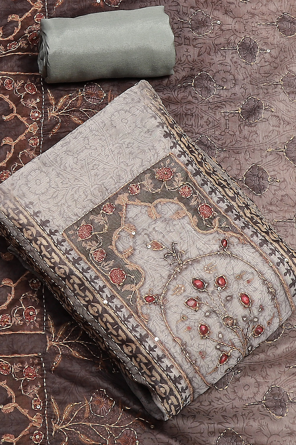 Grey Chanderi Hand Embroidered Unstitched Suit Set image number 0