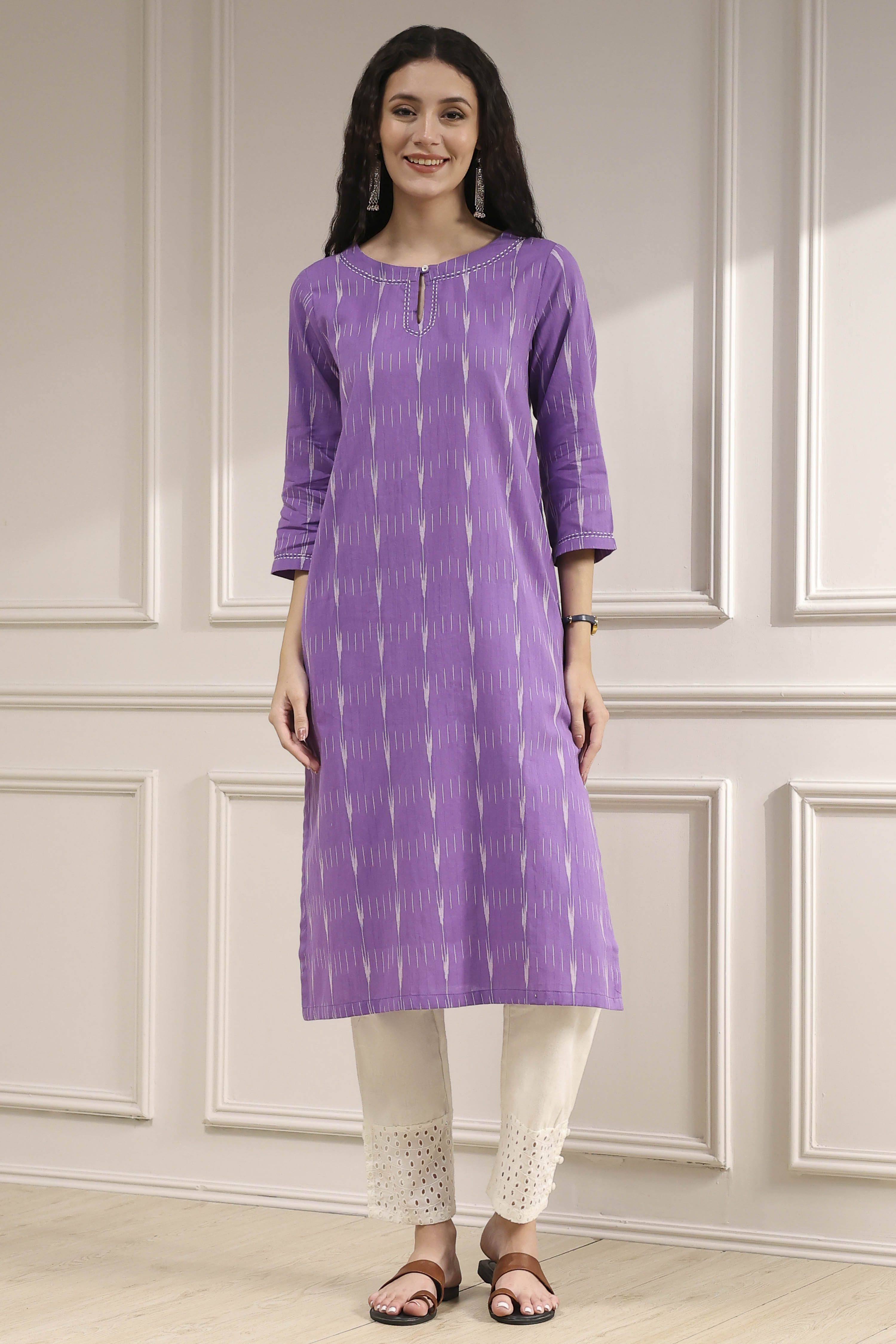 Purple Cotton Ikat Straight Kurta image number 5