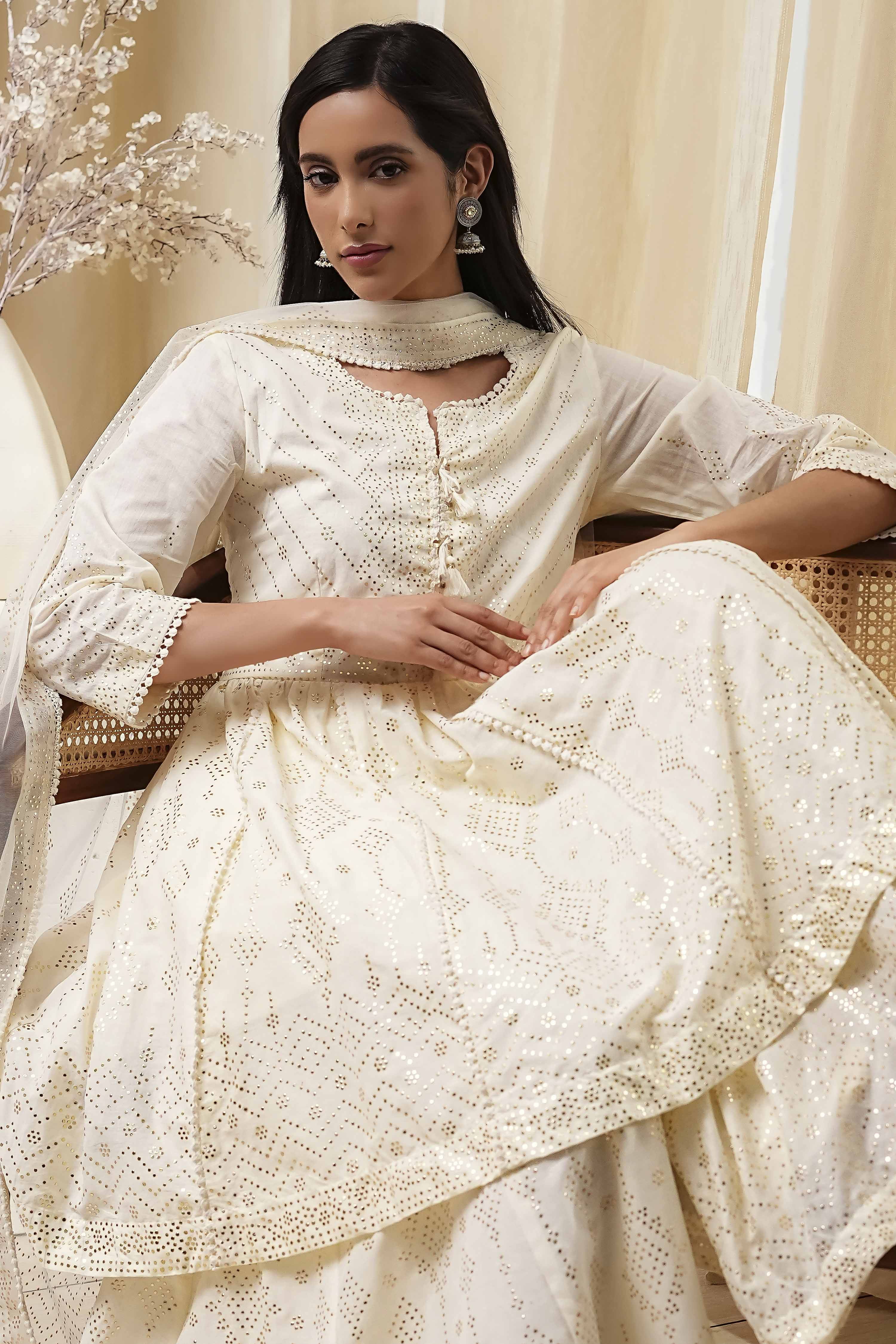 Off-White Cotton Metallic Flared Suit Set image number 7