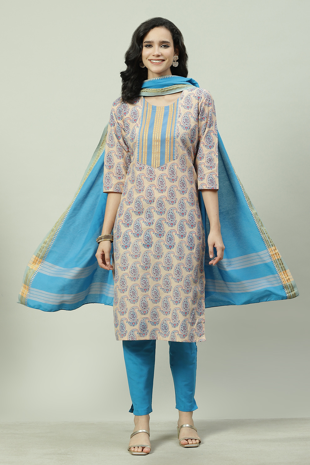 Blue Cotton Unstitched Suit Set image number 0