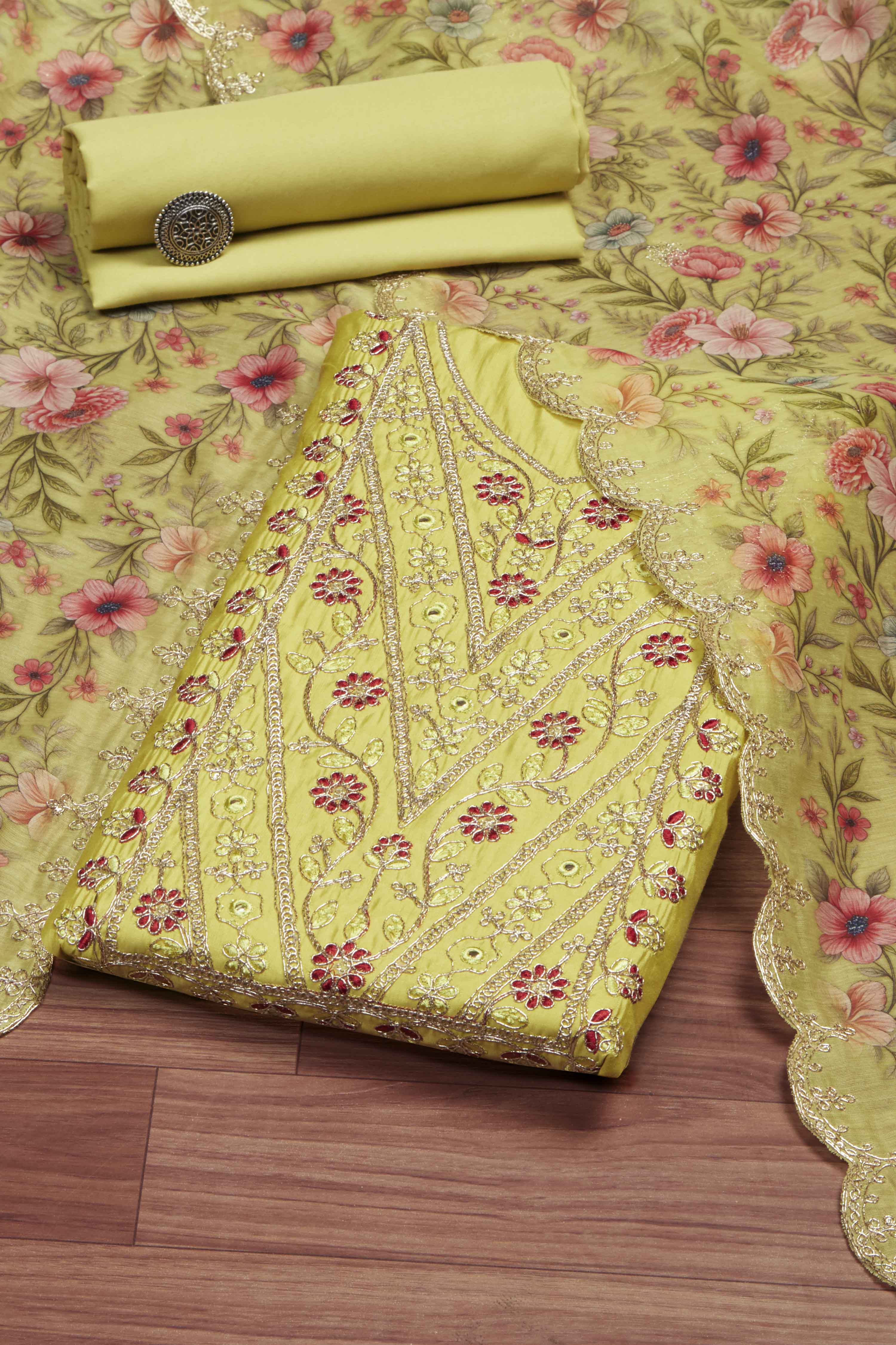 Teal Cotton Printed Embroidered Unstitched Suit Set image number 0