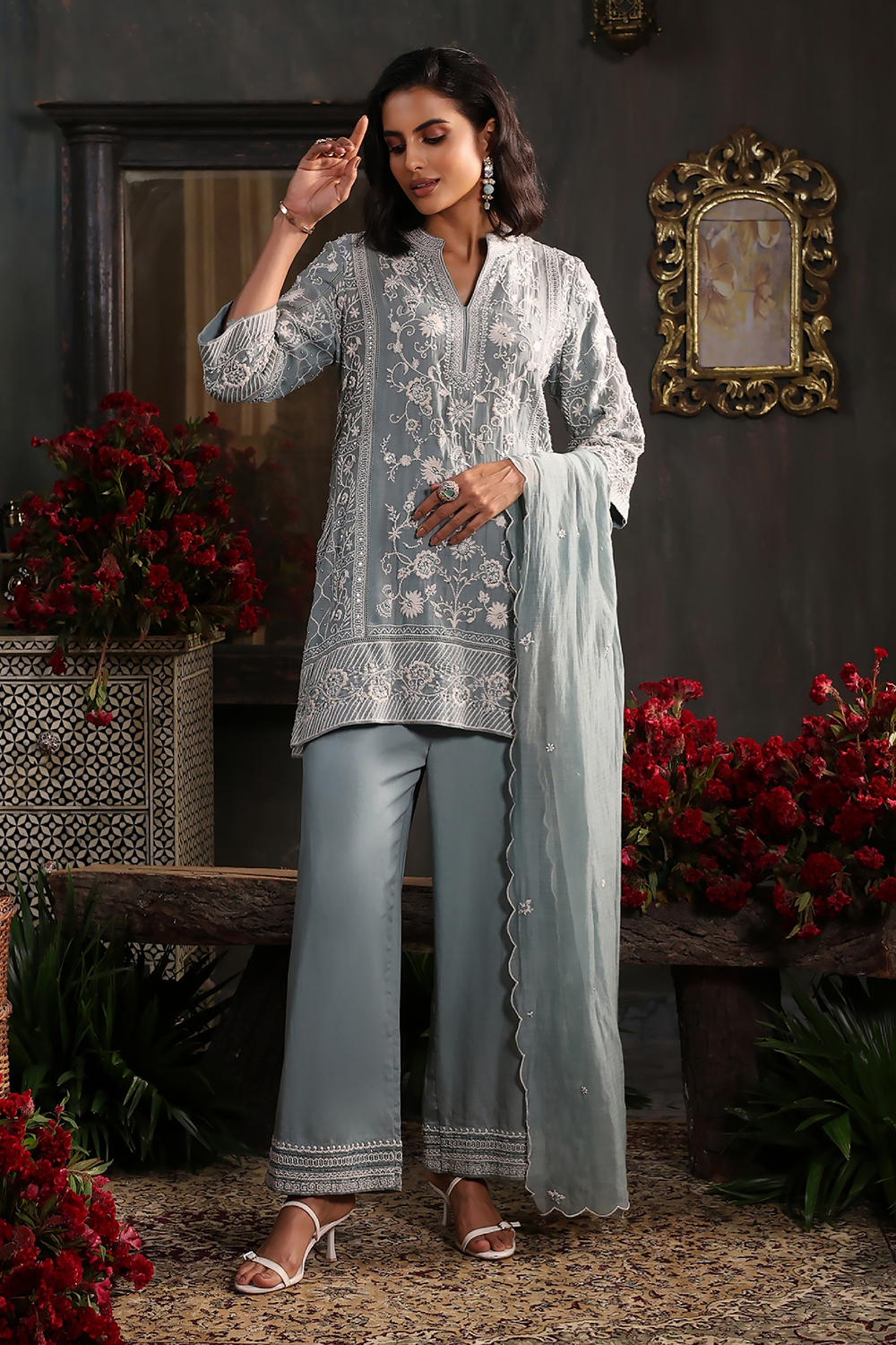 Earthy Blue Chanderi Embroidered Straight Suit Set image number 0