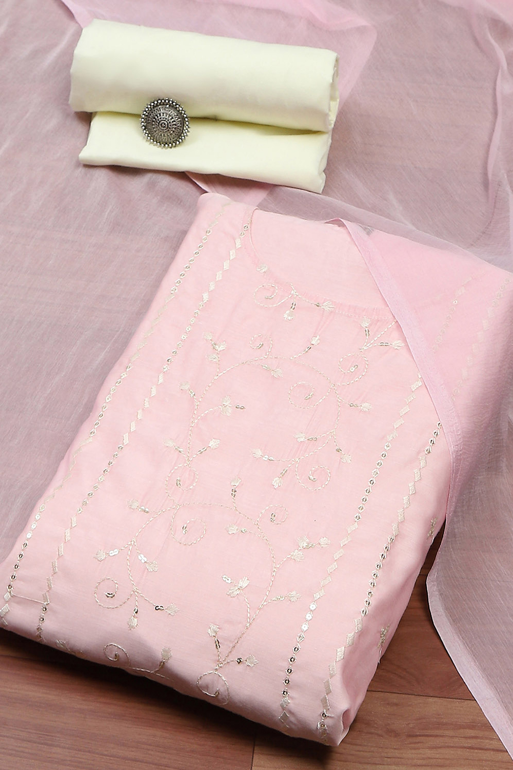 Peach Modal Satin Machine Embroidered Unstitched Suit Set image number 0