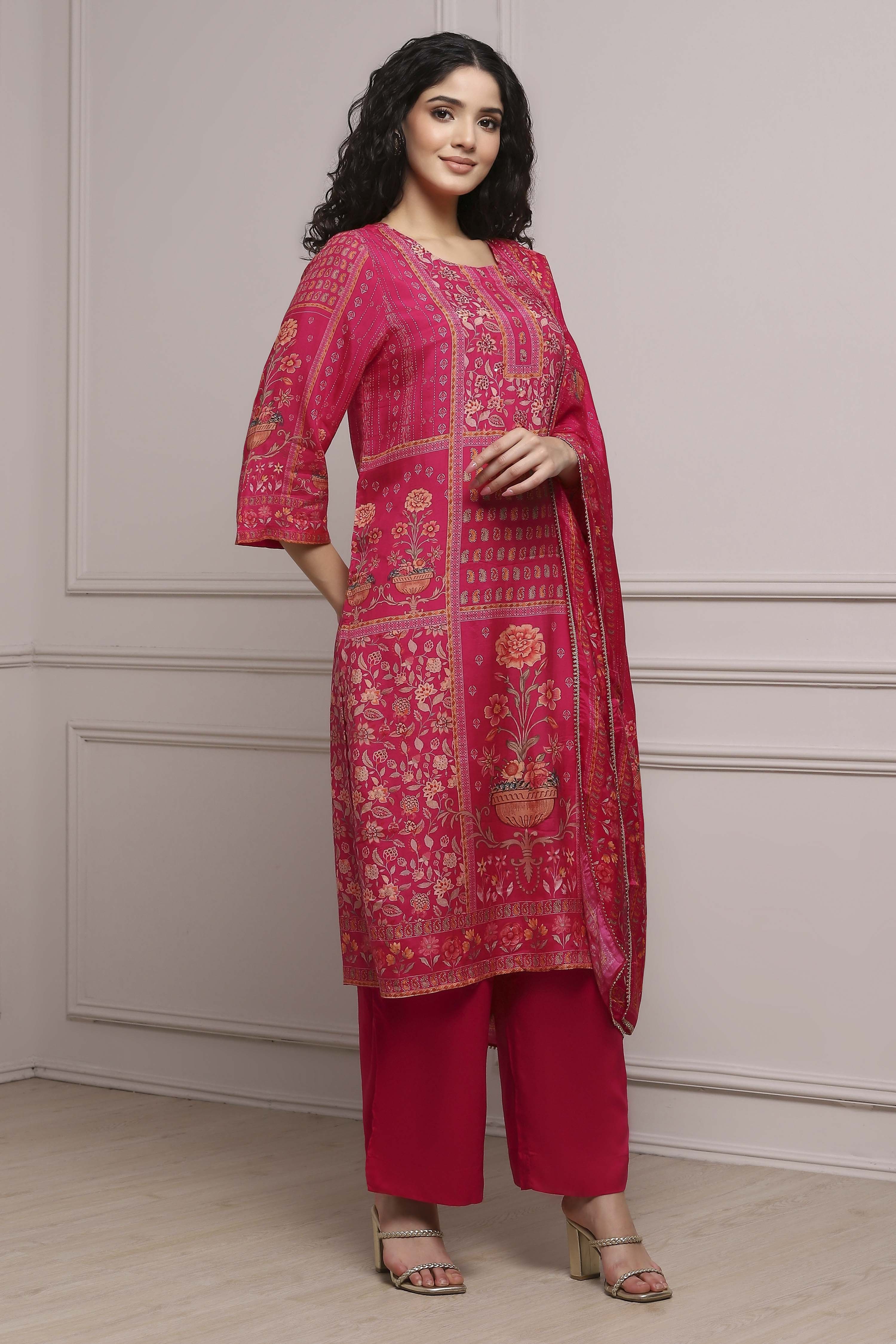 Pink Printed Straight Suit Set image number 5