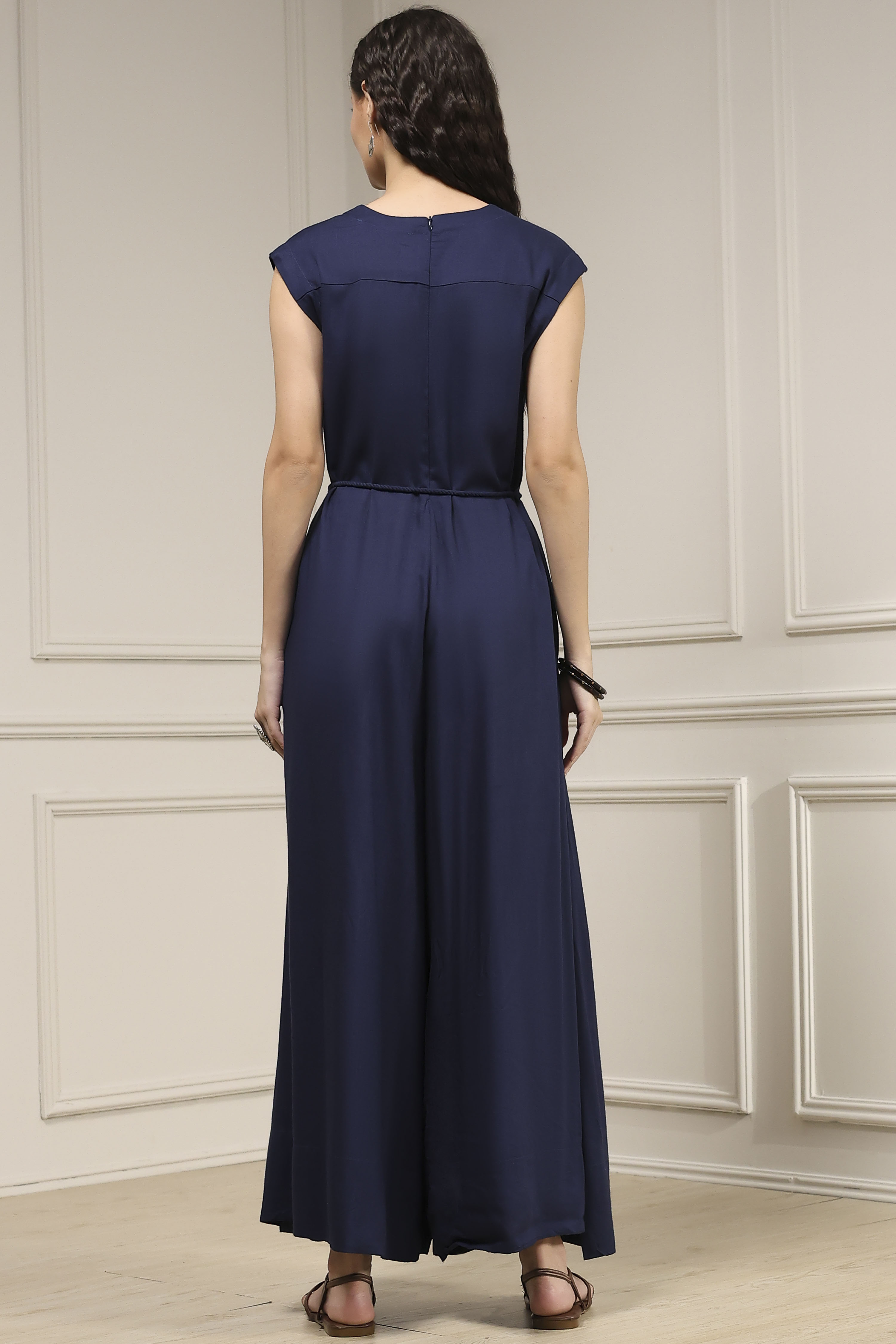 Navy Blue Viscose Rayon Asymmetric Dyed Jumpsuit image number 3