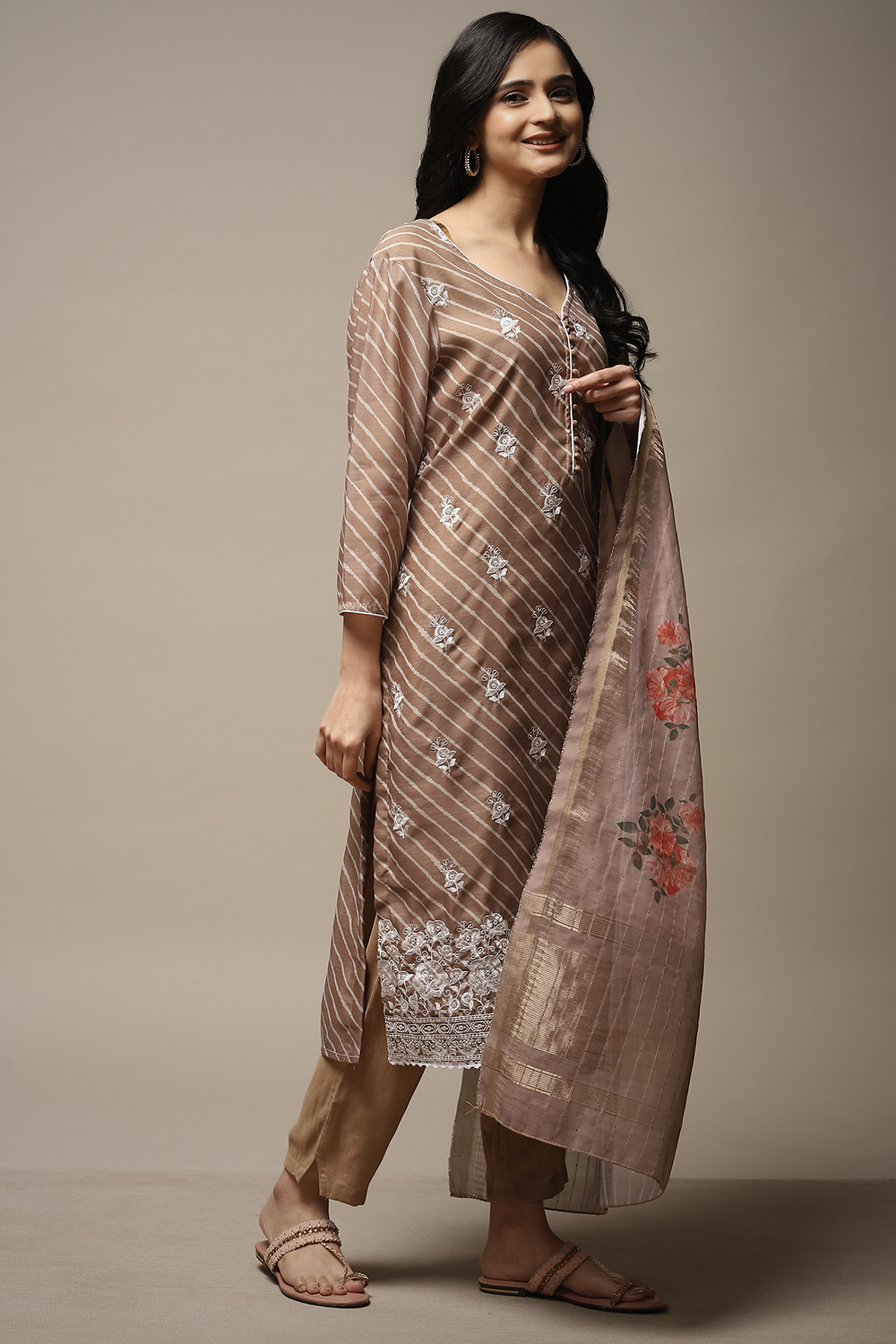 Brown Cotton Digital Print Unstitched Suit Set image number 5