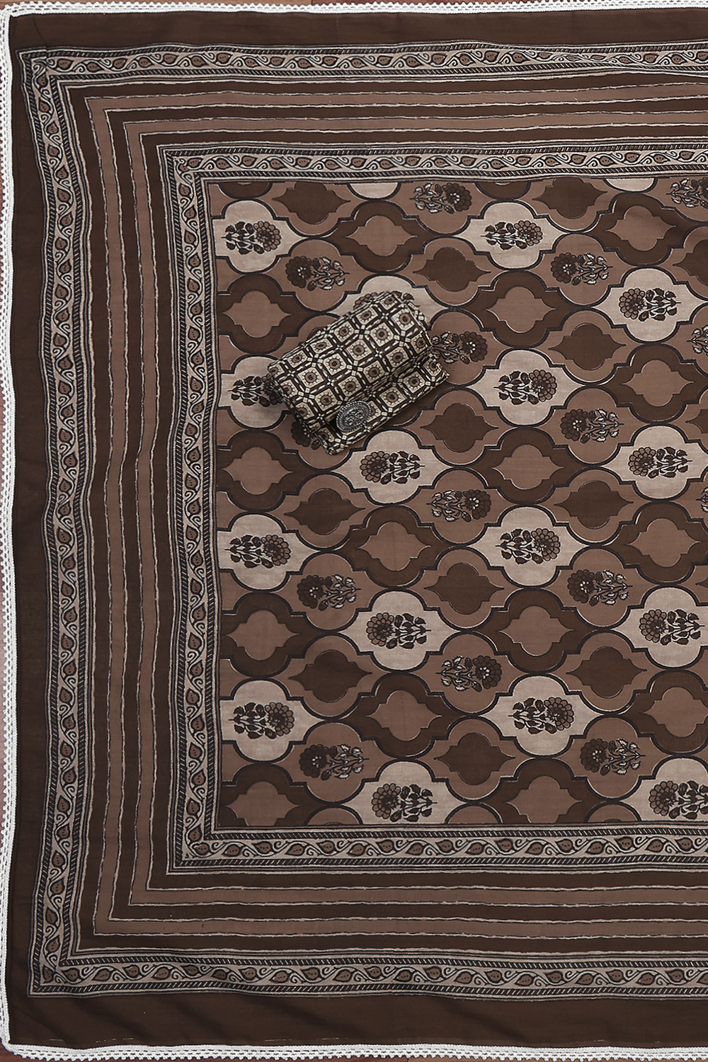 Brown Cotton Printed Embroidered Unstitched Suit Set image number 3