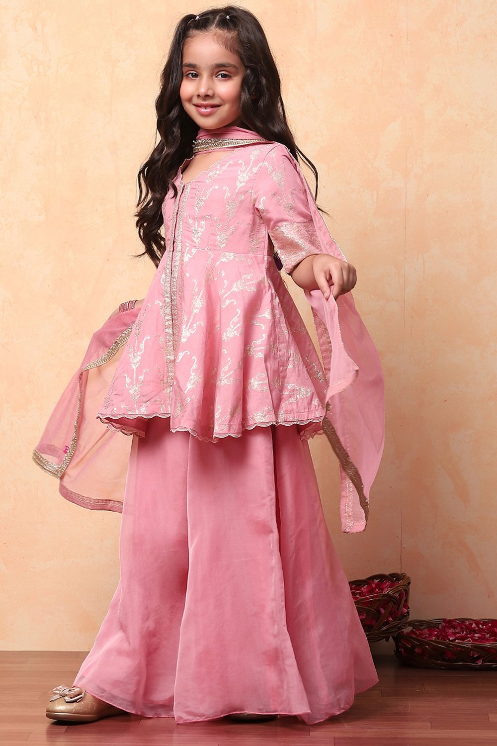 Pink Viscose Chanderi Printed Festive Flared Suit Set image number 3