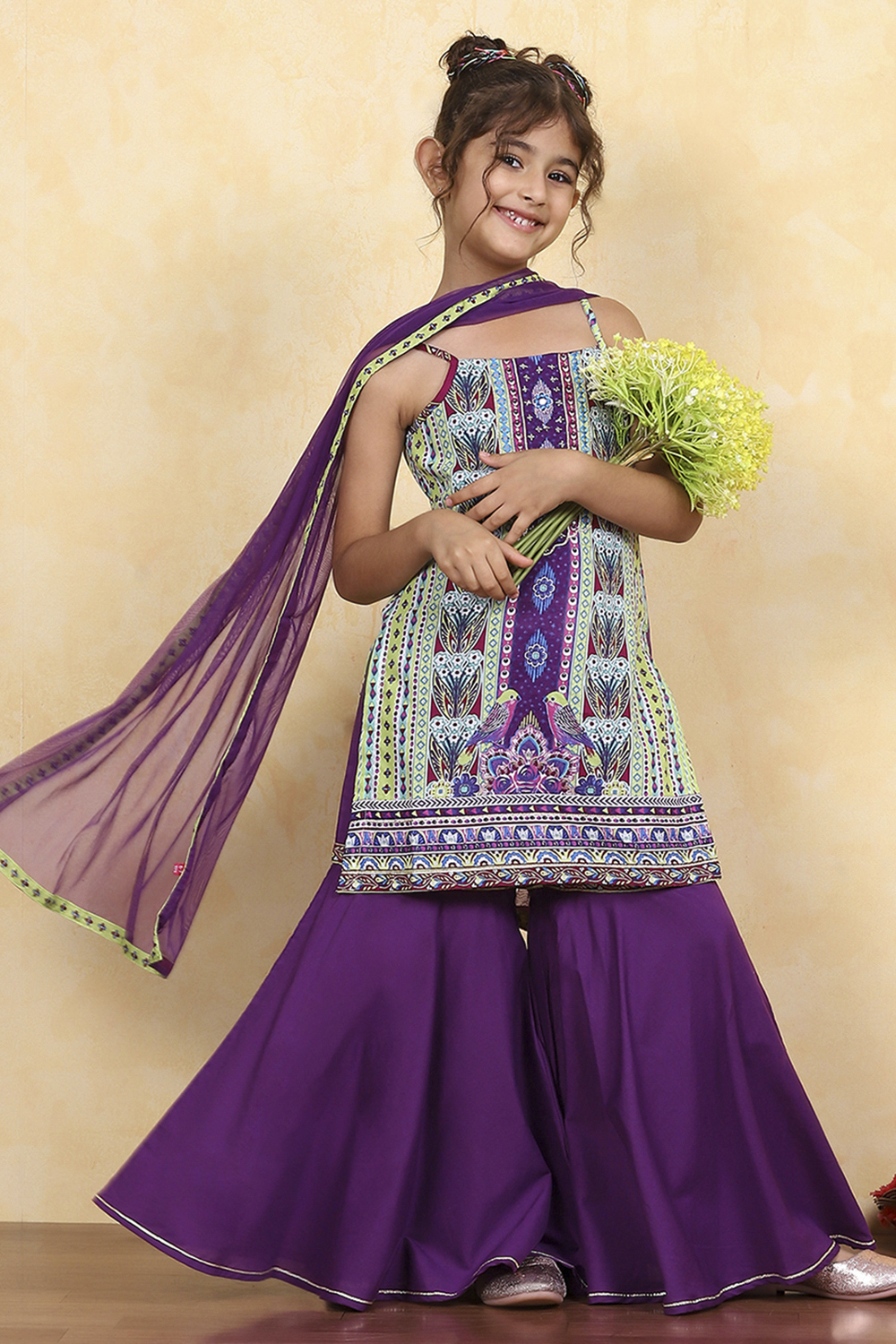 Purple Cotton Printed Straight Sharara Suit Set image number 0