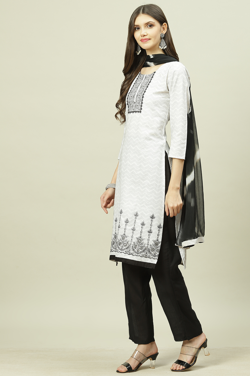 White Cotton Machine Embroidered Unstitched Suit Set image number 5