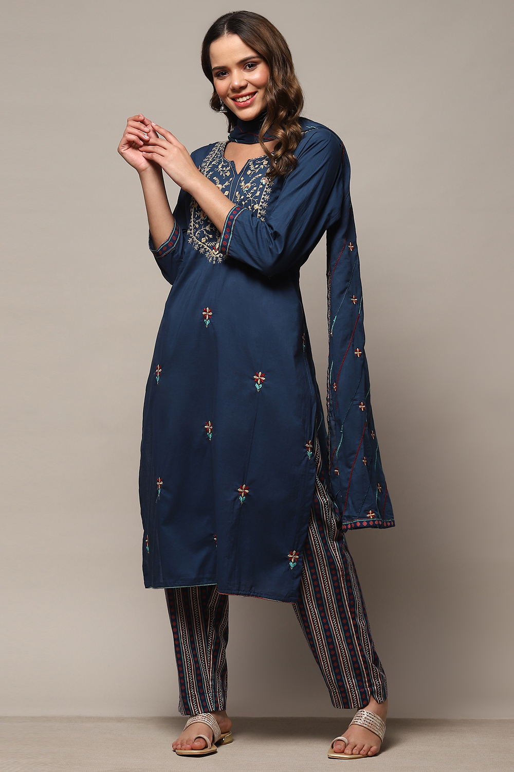 Blue Cotton Unstitched Suit set image number 1