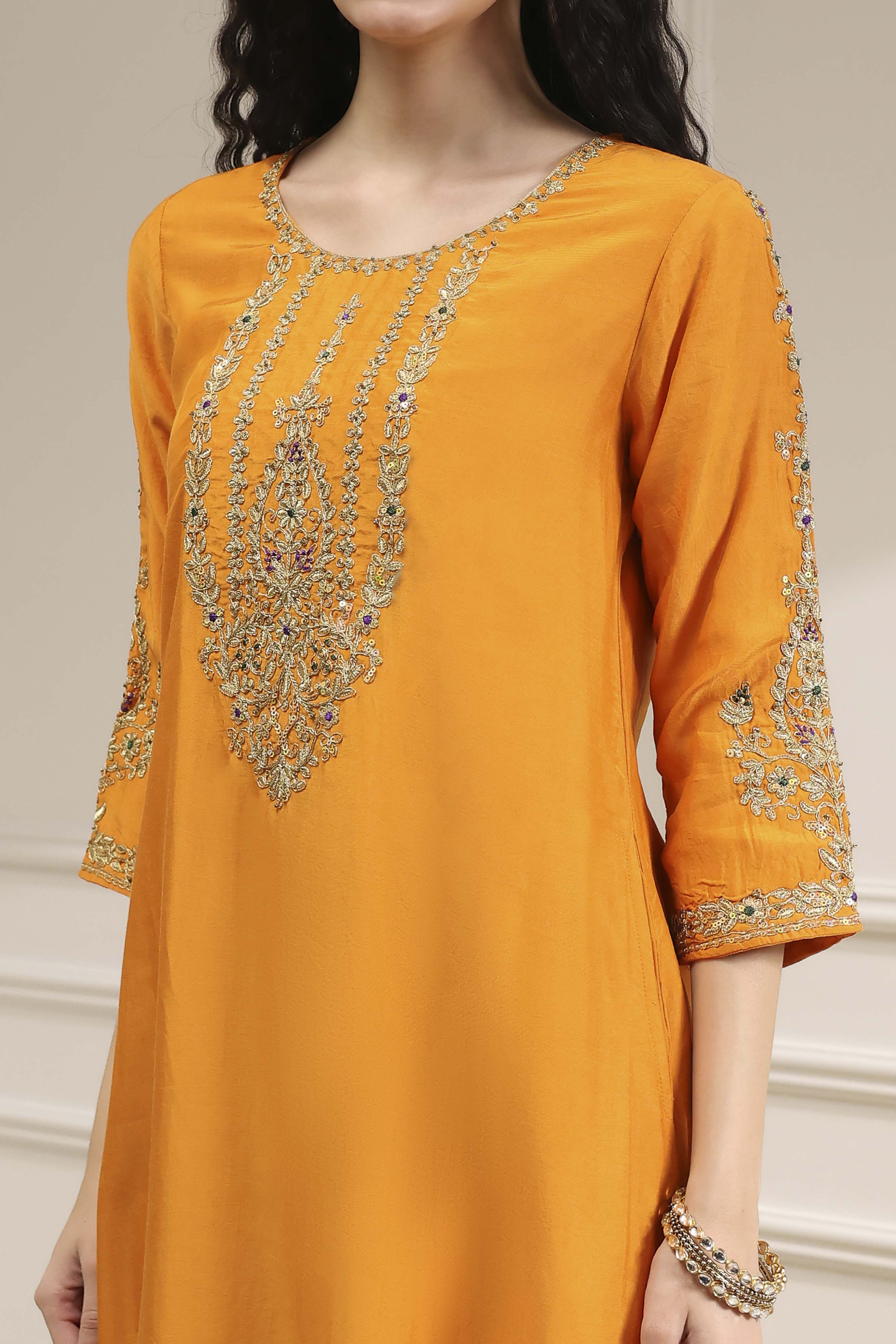 Orange Solid Straight Suit Set image number 1