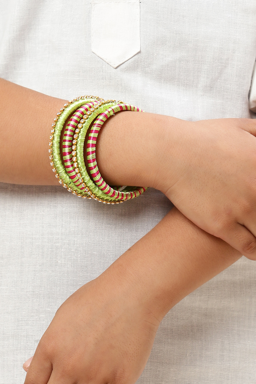 Rani Pink & Parrot Green Plastic Thread Kids Bangles image number 2