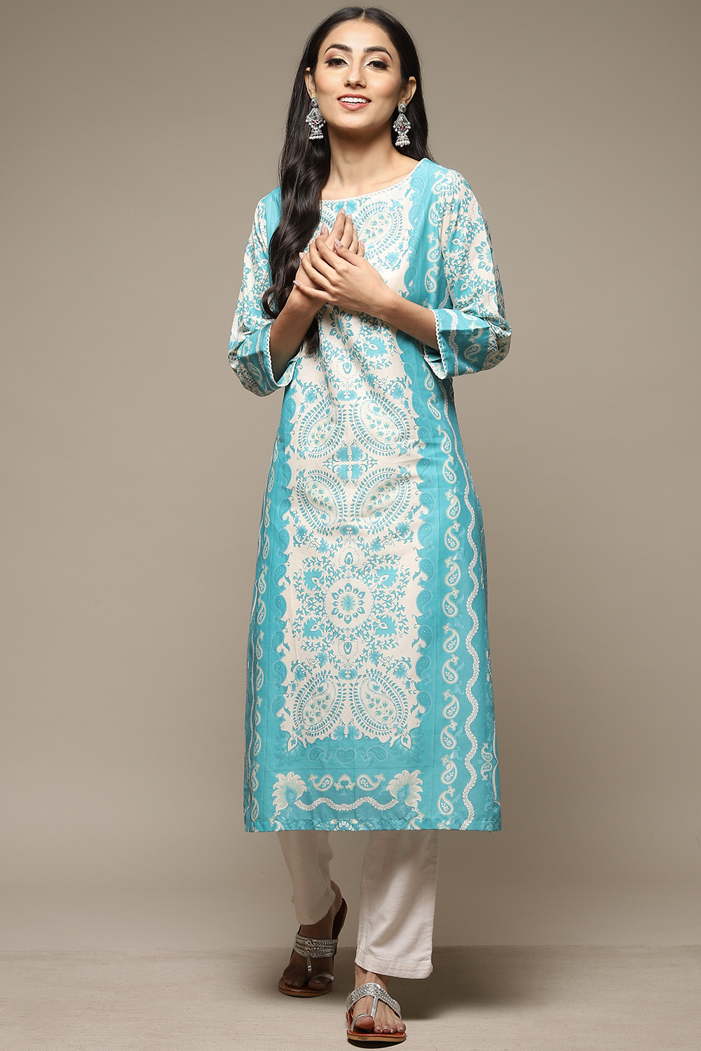 Blue Cotton Straight Printed Kurta image number 0