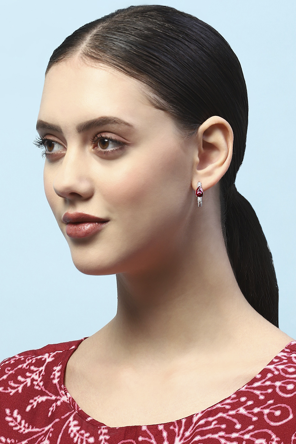 Ruby Silver-Plated CZ Studded Contemporary Hoops image number 1