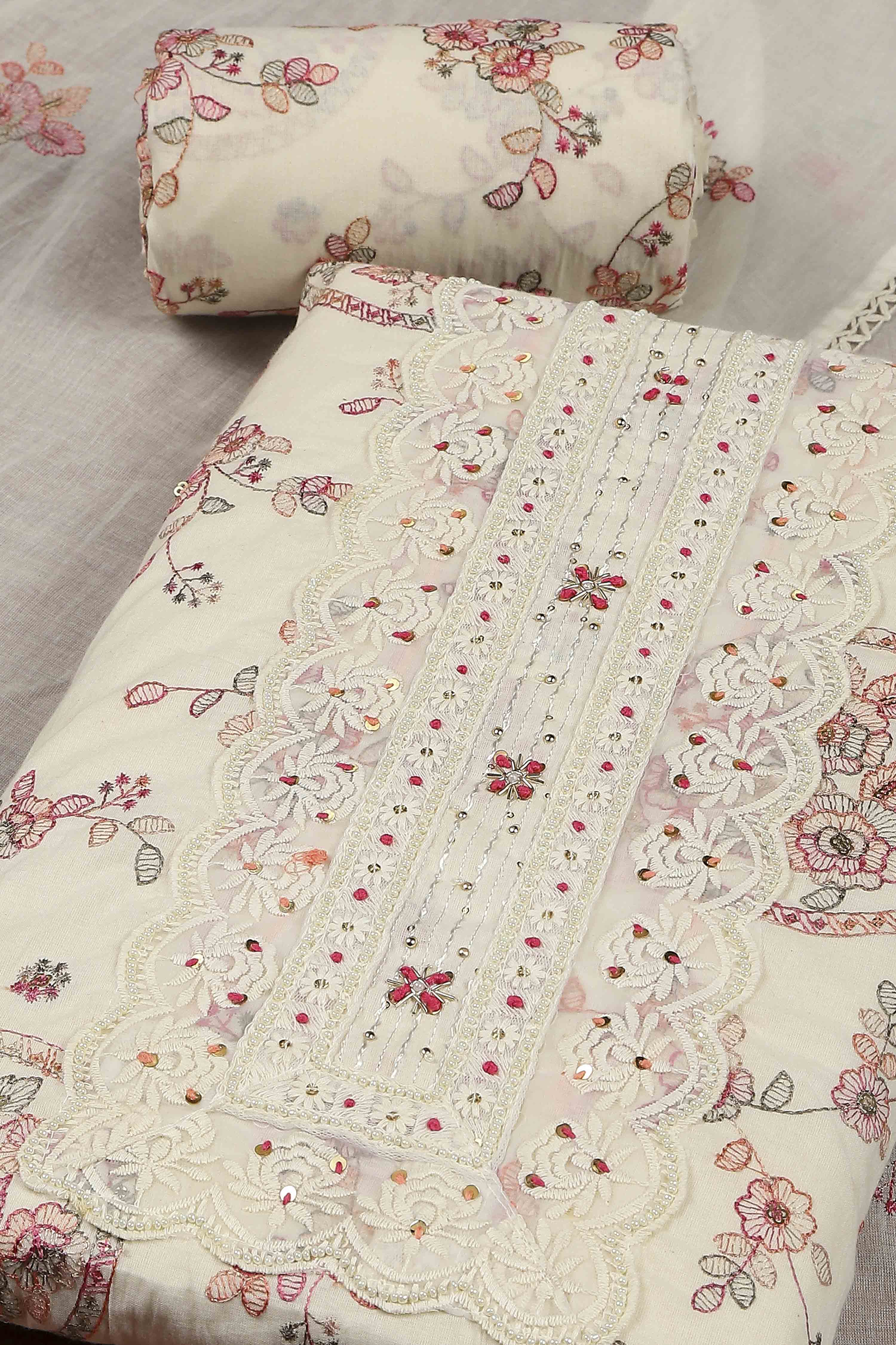 White Cotton Printed Embroidered Unstitched Suit Set image number 1