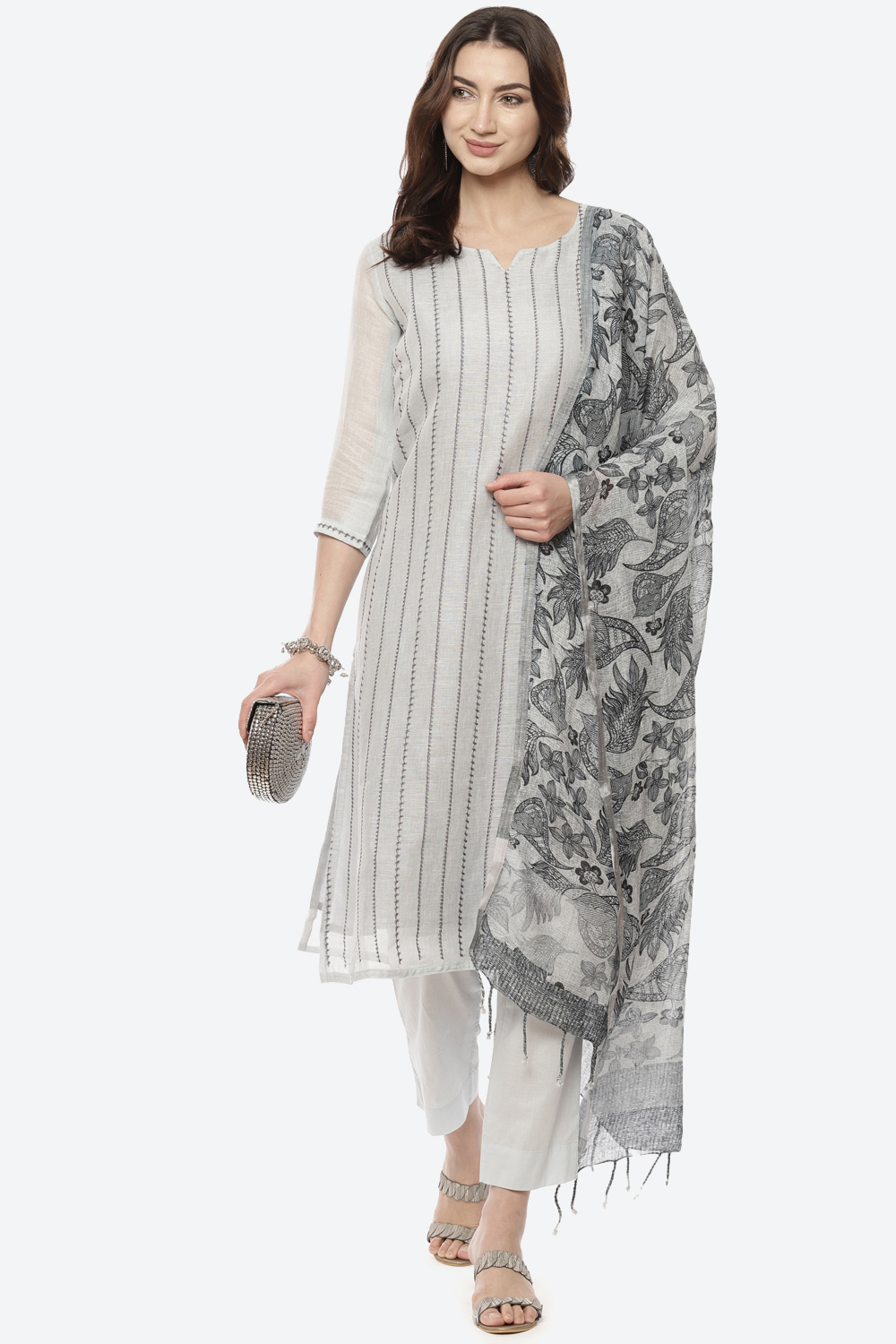 Light Blue Linen Woven Unstitched Suit Set image number 7