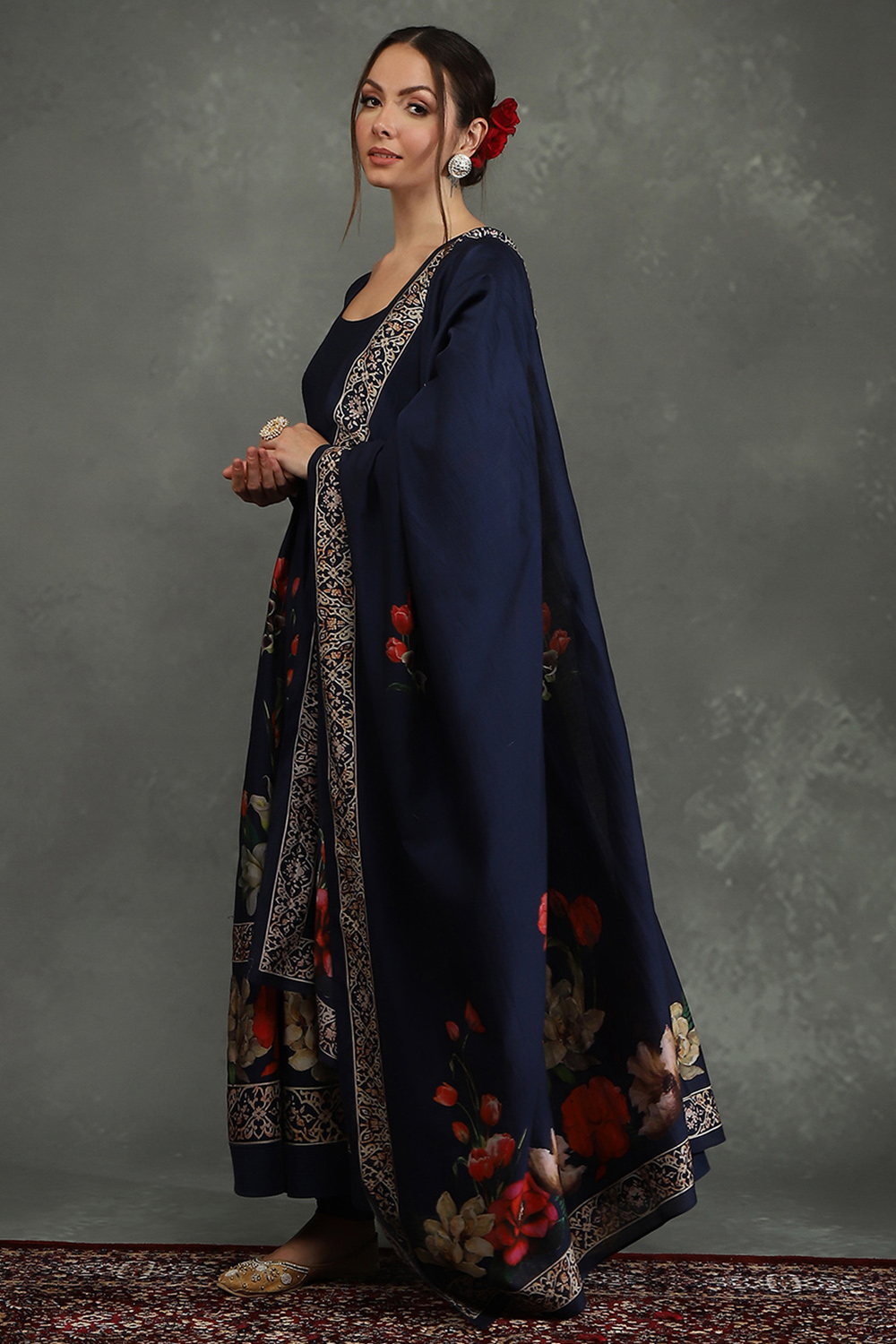 Maroon Silk Chanderi Floral Anarkali Suit Set image number 2