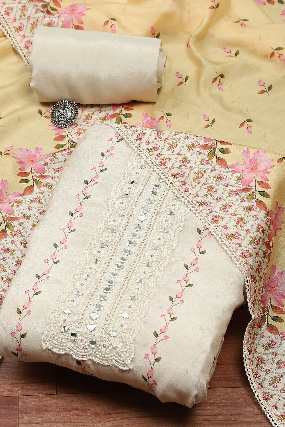 Yellow Muslin Digital Print Unstitched Suit Set image number 0