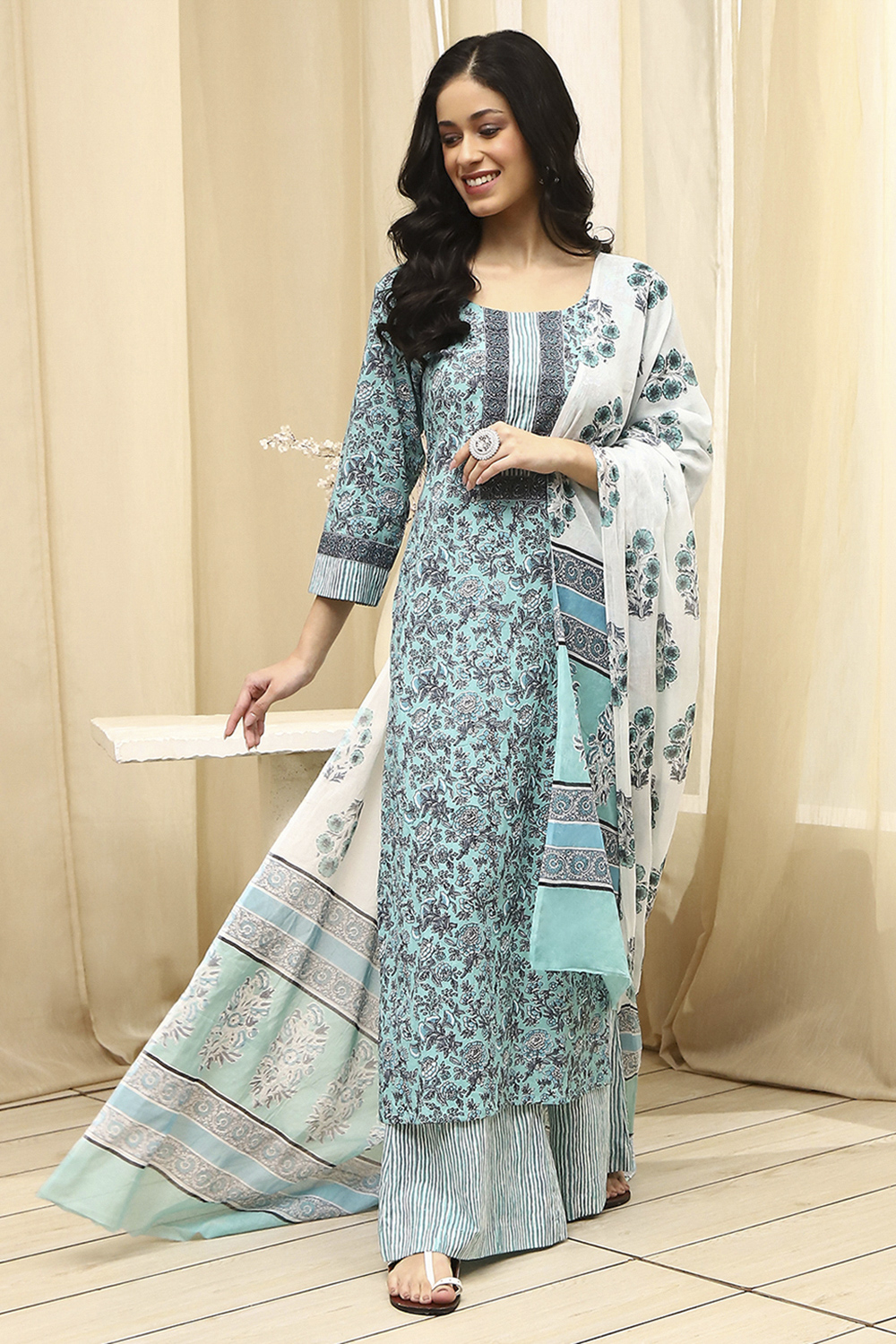 Turquoise Cotton Hand Block Print Unstitched Suit Set image number 1