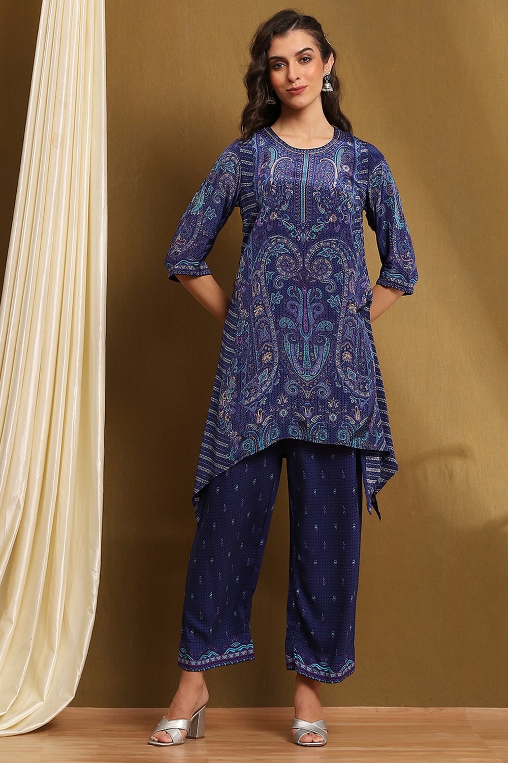 Blue Crepe Printed Asymmetric Kurta Set image number 0