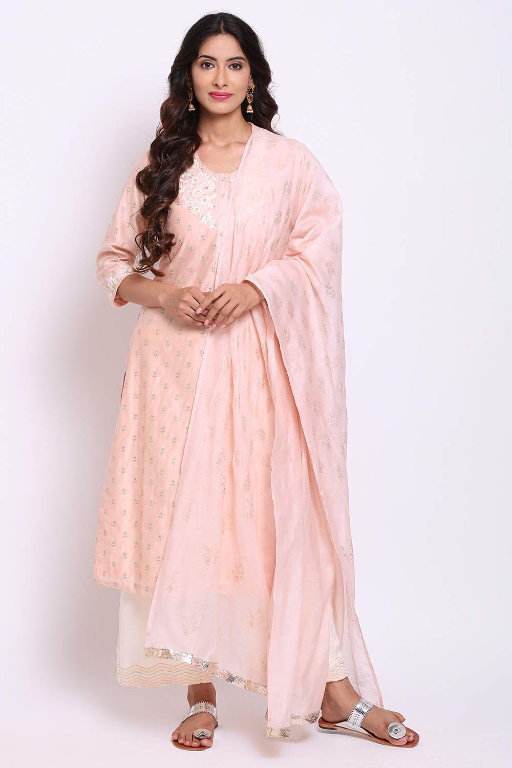 Peach Cotton Silk Straight Kurta Palazzo Suit Set image number 0