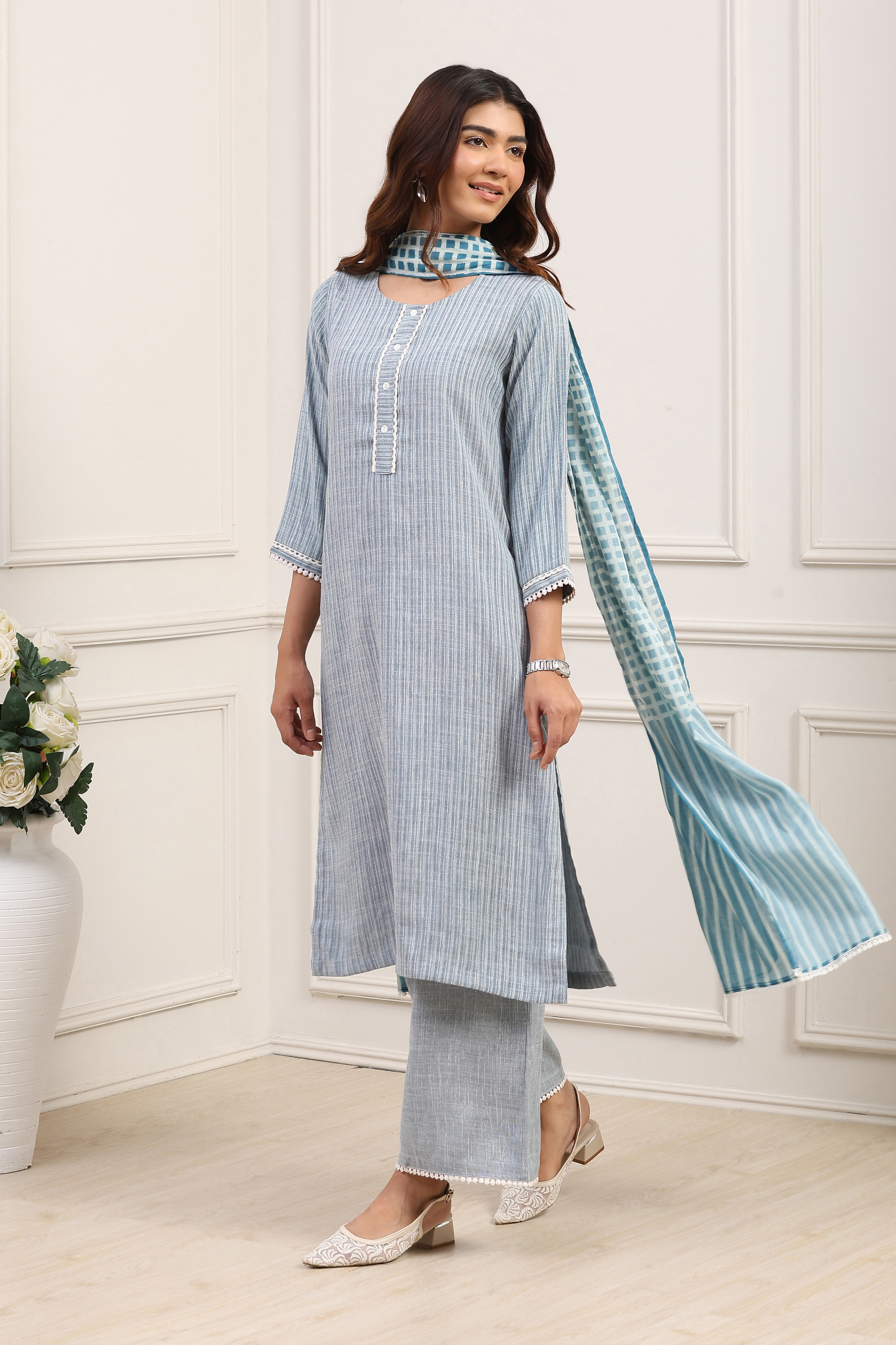 Pale Yellow Cotton Blend Straight Kurta Palazzo Suit Set image number 3
