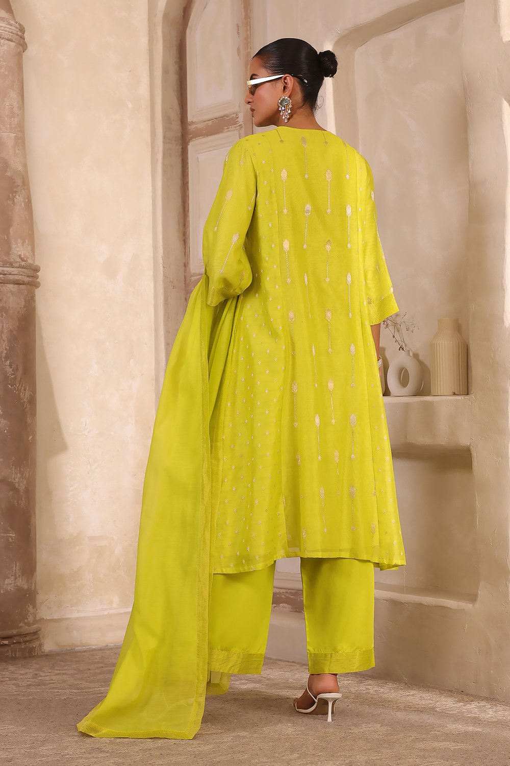 Lime Green Silk Printed Gathered Suit Set image number 4